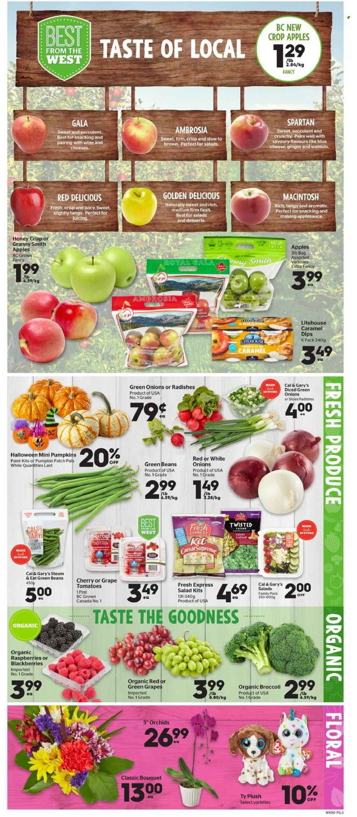 thumbnail - Calgary Co-op Flyer - October 14, 2021 - October 20, 2021 - Sales products - beans, broccoli, ginger, green beans, radishes, tomatoes, pumpkin, salad, green onion, Gala, Red Delicious apples, cherries, Golden Delicious, Granny Smith, blue cheese, cheese, caramel, apple sauce, honey, walnuts, wine. Page 3.