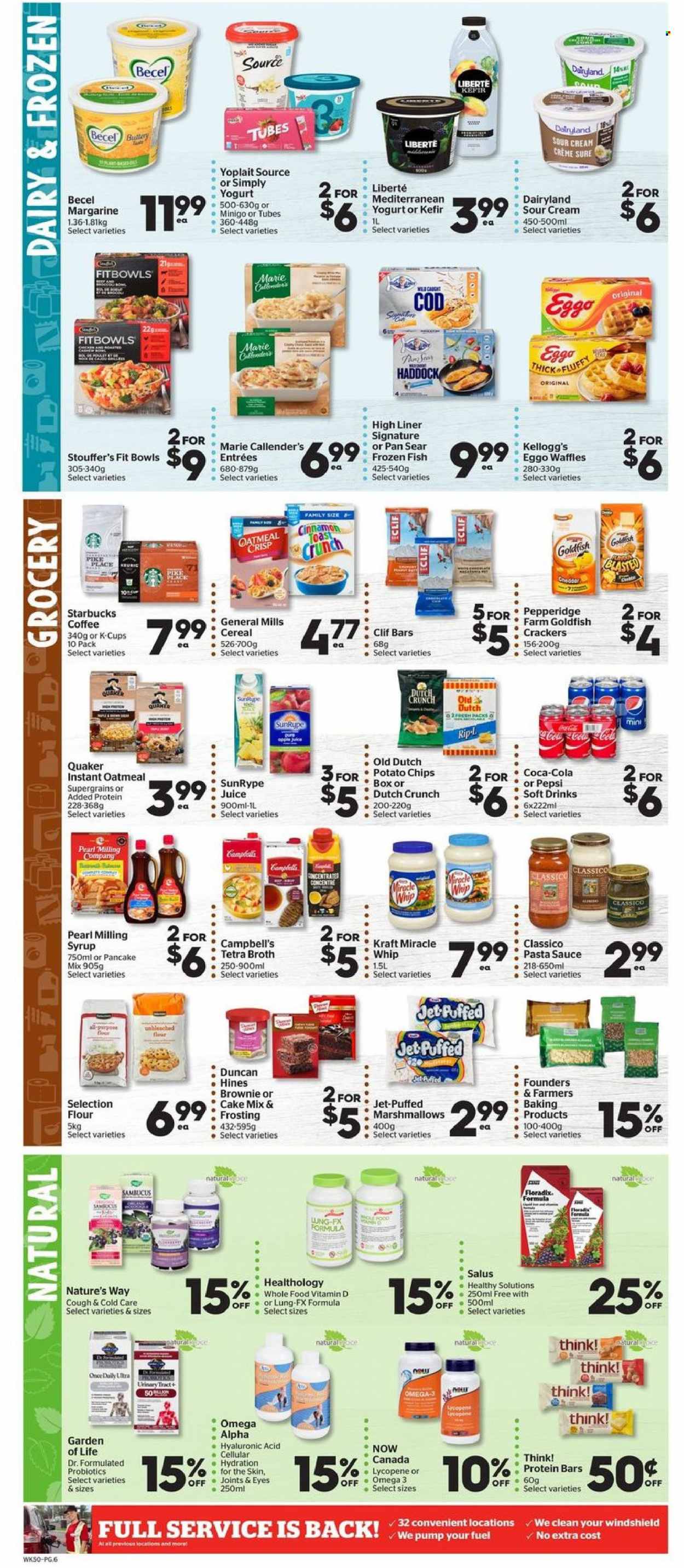 thumbnail - Calgary Co-op Flyer - October 14, 2021 - October 20, 2021 - Sales products - brownies, waffles, cake mix, cod, haddock, fish, Campbell's, pasta sauce, sauce, pancakes, Quaker, Marie Callender's, Kraft®, yoghurt, Yoplait, kefir, margarine, sour cream, Miracle Whip, Stouffer's, marshmallows, crackers, Kellogg's, potato chips, Goldfish, flour, frosting, oatmeal, broth, cereals, protein bar, cinnamon, Classico, syrup, Coca-Cola, Pepsi, juice, soft drink, coffee, coffee capsules, Starbucks, K-Cups, Jet, Sure, Omega-3. Page 7.