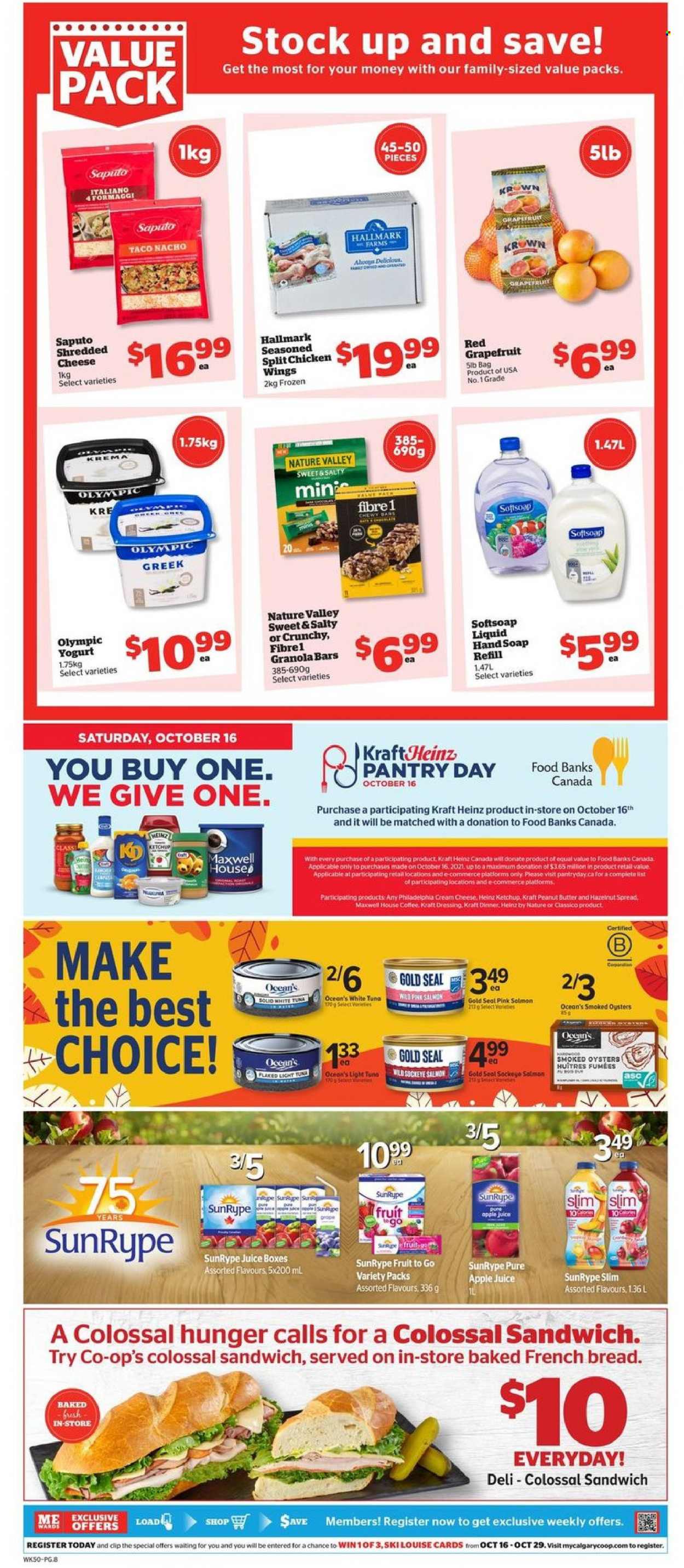thumbnail - Calgary Co-op Flyer - October 14, 2021 - October 20, 2021 - Sales products - bread, french bread, grapefruits, salmon, smoked oysters, tuna, oysters, sandwich, Kraft®, ready meal, cream cheese, shredded cheese, yoghurt, chicken wings, fruit snack, bars, canned tuna, light tuna, canned fish, granola bar, Nature Valley, ketchup, peanut butter, hazelnut spread, apple juice, juice, Maxwell House, coffee, baby snack, chicken, Softsoap, hand soap, soap, Heinz, Philadelphia. Page 10.