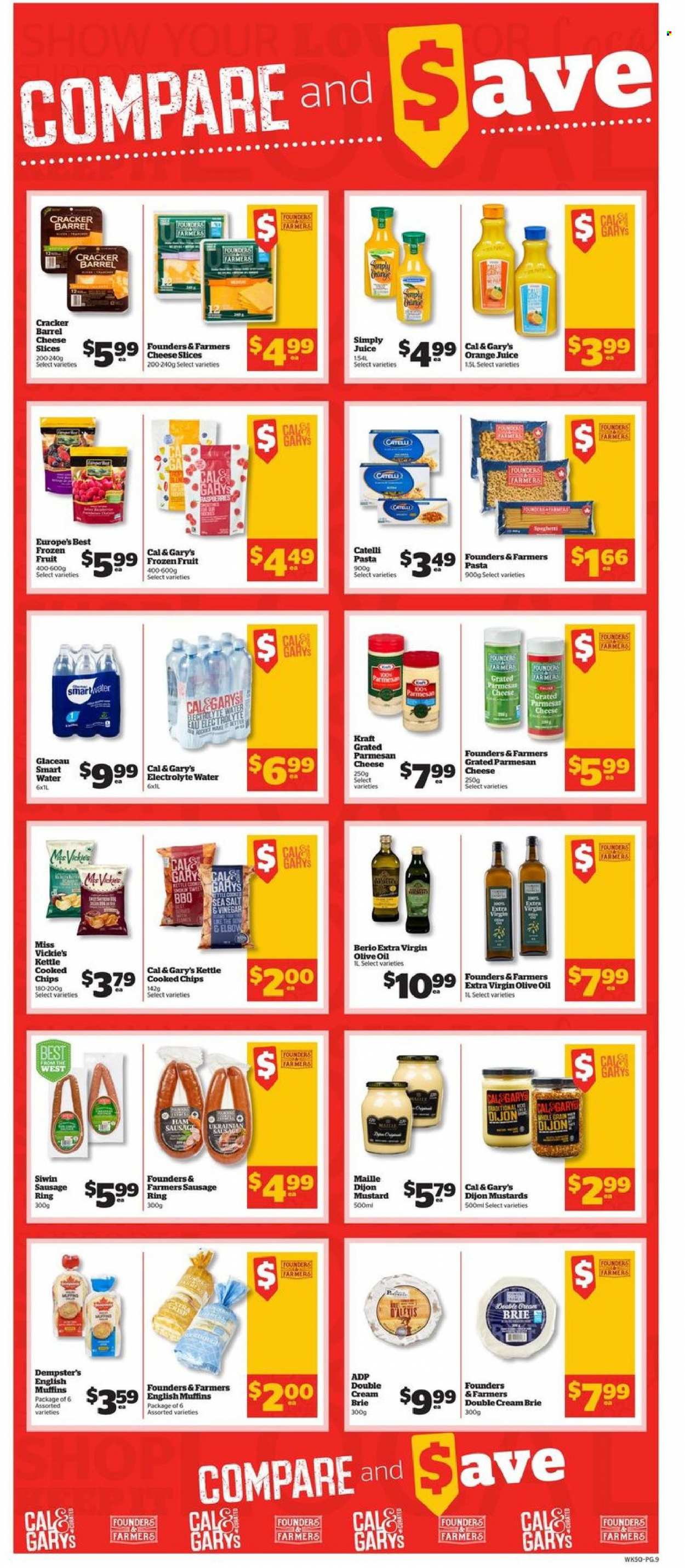 thumbnail - Calgary Co-op Flyer - October 14, 2021 - October 20, 2021 - Sales products - english muffins, pasta, Kraft®, sausage, sliced cheese, parmesan, cheese, brie, crackers, mustard, extra virgin olive oil, olive oil, oil, orange juice, juice, Smartwater. Page 11.
