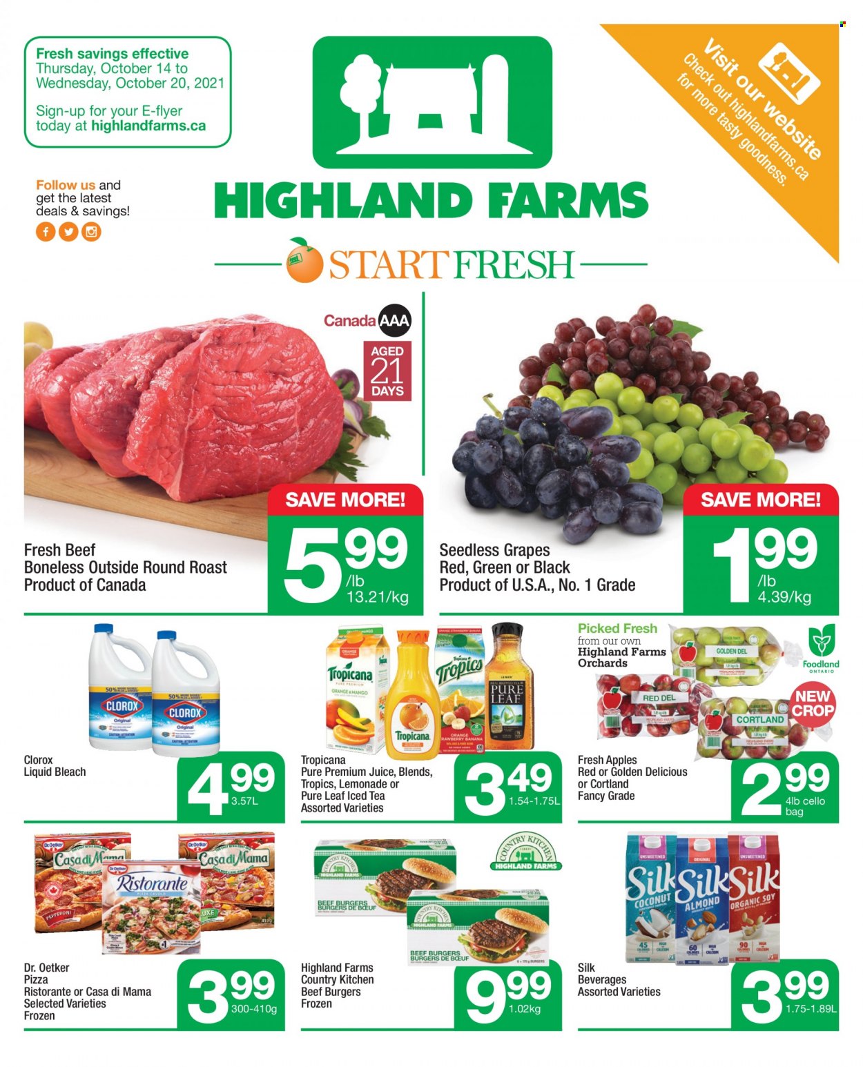 thumbnail - Highland Farms Flyer - October 14, 2021 - October 20, 2021 - Sales products - apples, grapes, seedless grapes, Golden Delicious, pizza, hamburger, beef burger, Dr. Oetker, Silk, lemonade, juice, ice tea, Pure Leaf, beef meat, round roast. Page 1.