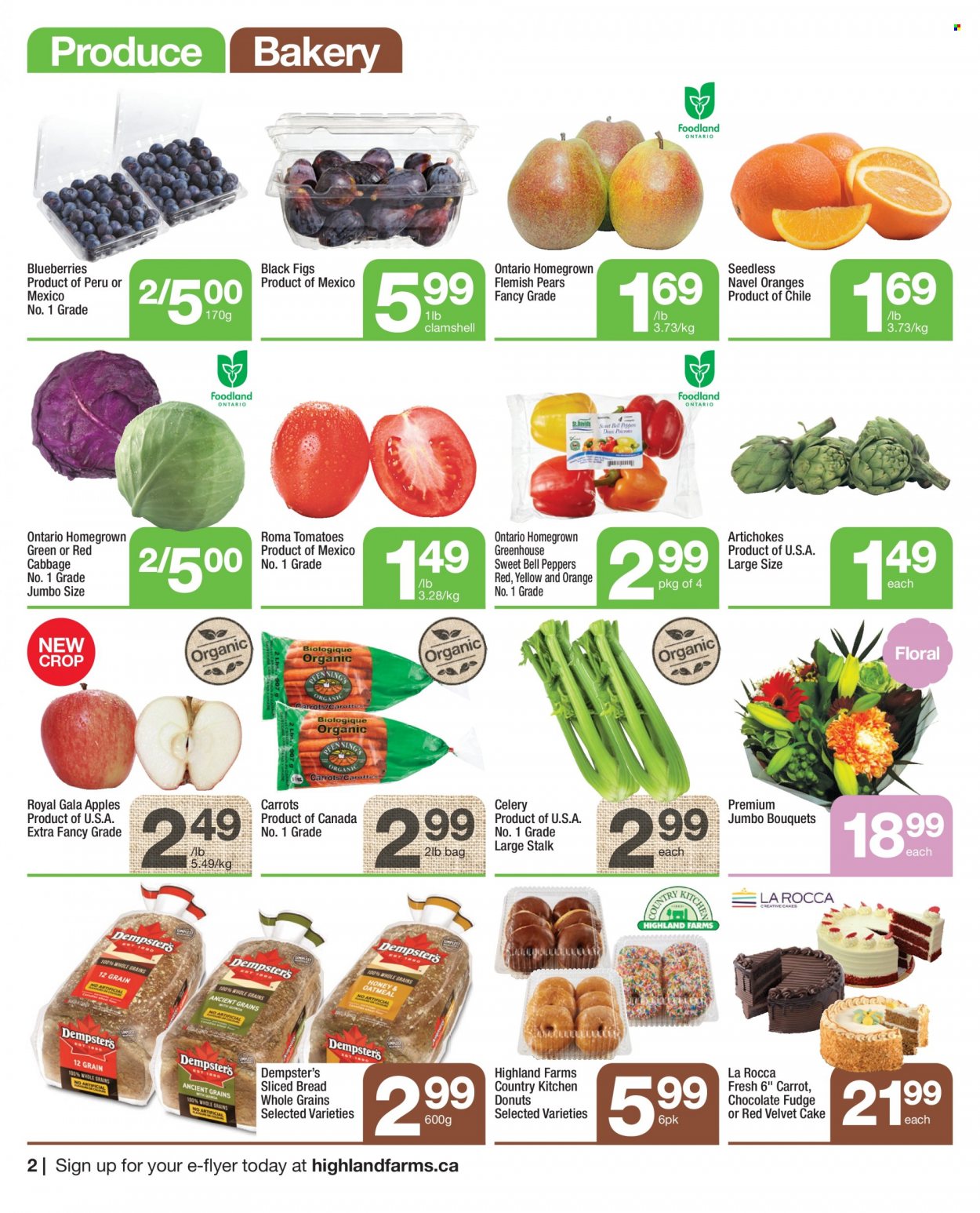 thumbnail - Highland Farms Flyer - October 14, 2021 - October 20, 2021 - Sales products - bread, cake, donut, artichoke, bell peppers, cabbage, carrots, celery, tomatoes, peppers, apples, blueberries, figs, Gala, pears, navel oranges, fudge, chocolate, oranges. Page 2.