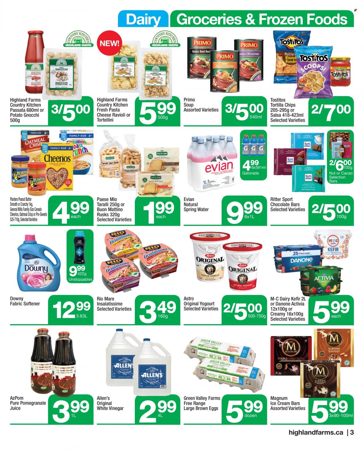 thumbnail - Highland Farms Flyer - October 14, 2021 - October 20, 2021 - Sales products - rusks, pomegranate, ravioli, soup, tortellini, cheese, Activia, kefir, eggs, Magnum, ice cream, ice cream bars, Ritter Sport, chocolate bar, tortilla chips, Tostitos, oatmeal, Cheerios, salsa, peanut butter, Planters, juice, Gatorade, spring water, Evian, Danone, gnocchi. Page 3.
