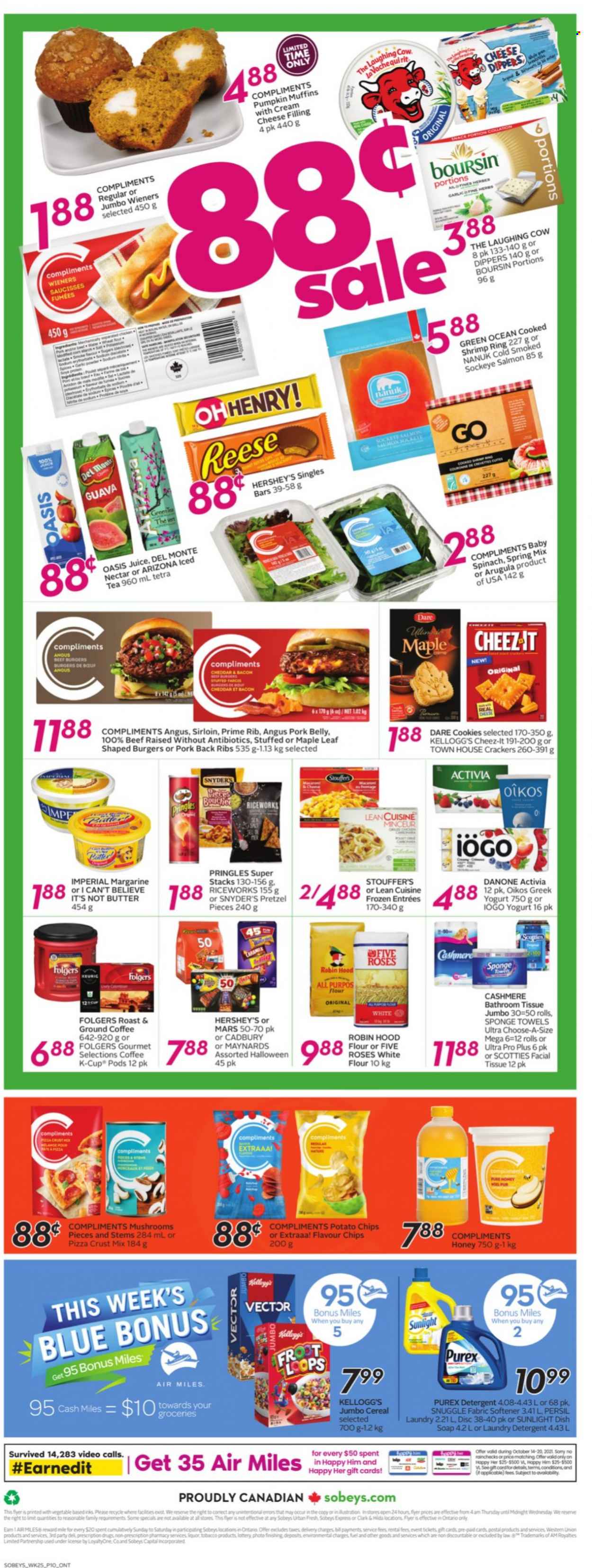 thumbnail - Sobeys Flyer - October 14, 2021 - October 20, 2021 - Sales products - pretzels, muffin, pumpkin, guava, cod, salmon, shrimps, pizza, hamburger, beef burger, Lean Cuisine, bacon, The Laughing Cow, greek yoghurt, yoghurt, Activia, Oikos, butter, margarine, I Can't Believe It's Not Butter, Hershey's, Stouffer's, cookies, snack, Mars, crackers, Kellogg's, Cadbury, potato chips, Pringles, Cheez-It, flour, cereals, honey, juice, ice tea, AriZona, coffee, Folgers, ground coffee, coffee capsules, L'Or, K-Cups, pork belly, pork meat, pork ribs, pork back ribs, bath tissue, Snuggle, Persil, fabric softener, laundry detergent, Sunlight, Purex, soap, Danone, detergent. Page 2.