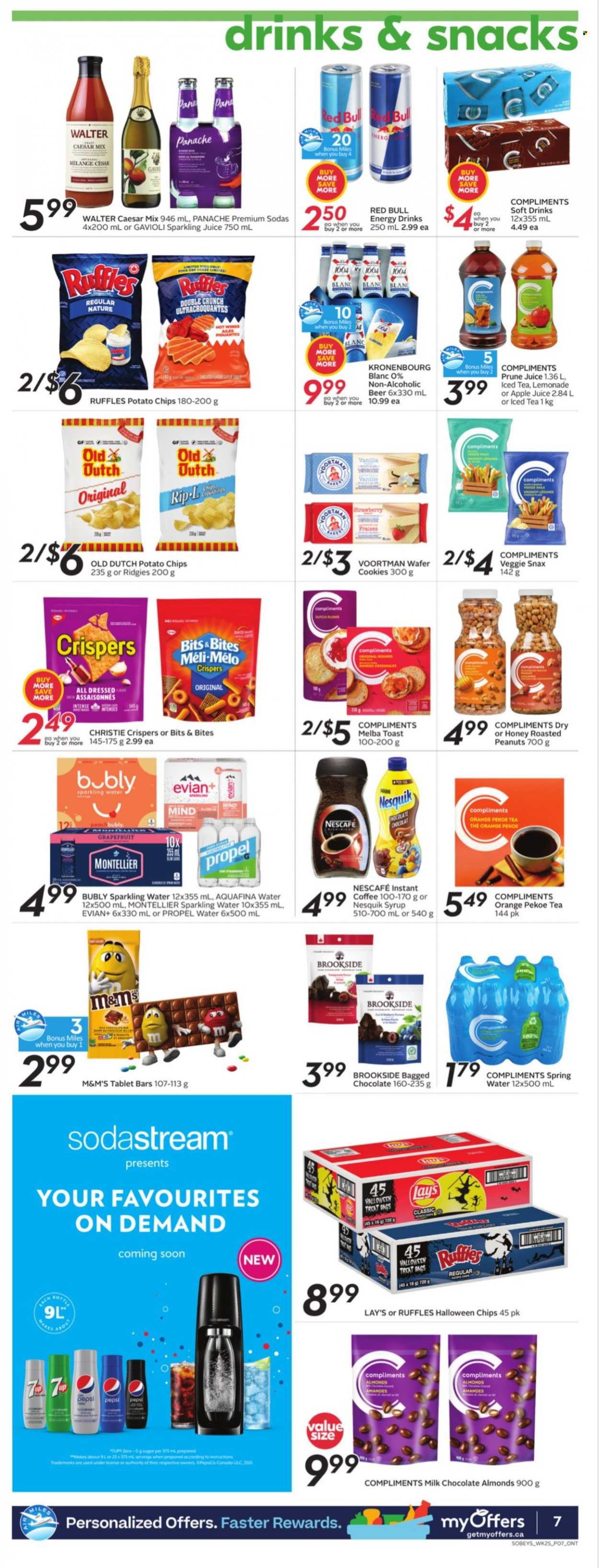 thumbnail - Sobeys Flyer - October 14, 2021 - October 20, 2021 - Sales products - grapefruits, cookies, milk chocolate, wafers, chocolate, potato chips, Lay’s, Ruffles, syrup, roasted peanuts, peanuts, apple juice, lemonade, Pepsi, juice, energy drink, ice tea, soft drink, Red Bull, sparkling juice, Aquafina, Evian, instant coffee, beer, Nesquik, chips, Nescafé, oranges, M&M's. Page 9.
