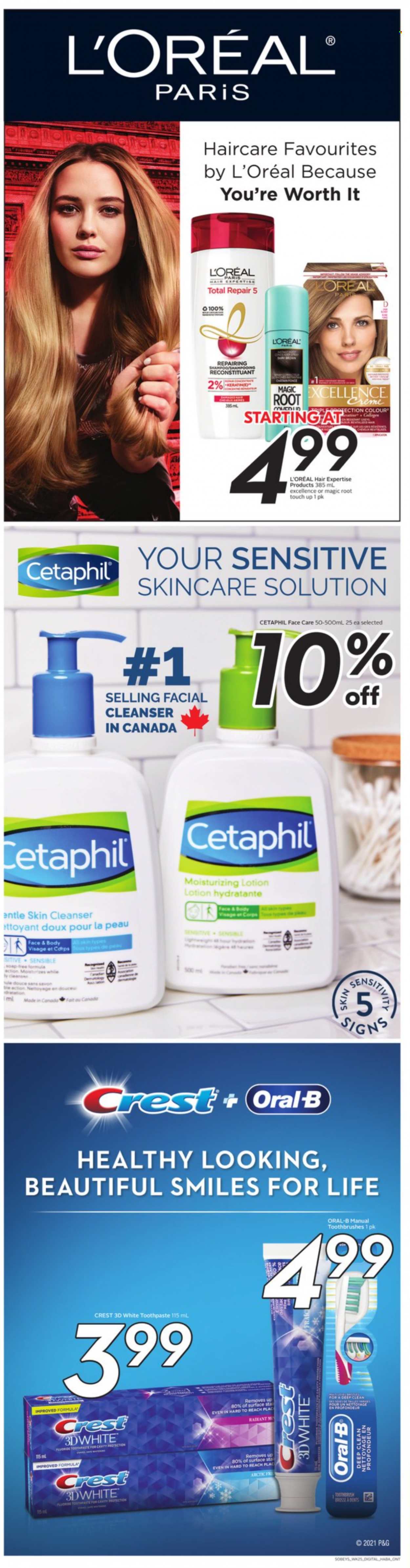 thumbnail - Sobeys Flyer - October 14, 2021 - October 20, 2021 - Sales products - soap, toothbrush, toothpaste, Crest, cleanser, L’Oréal, body lotion, shampoo, Oral-B. Page 13.