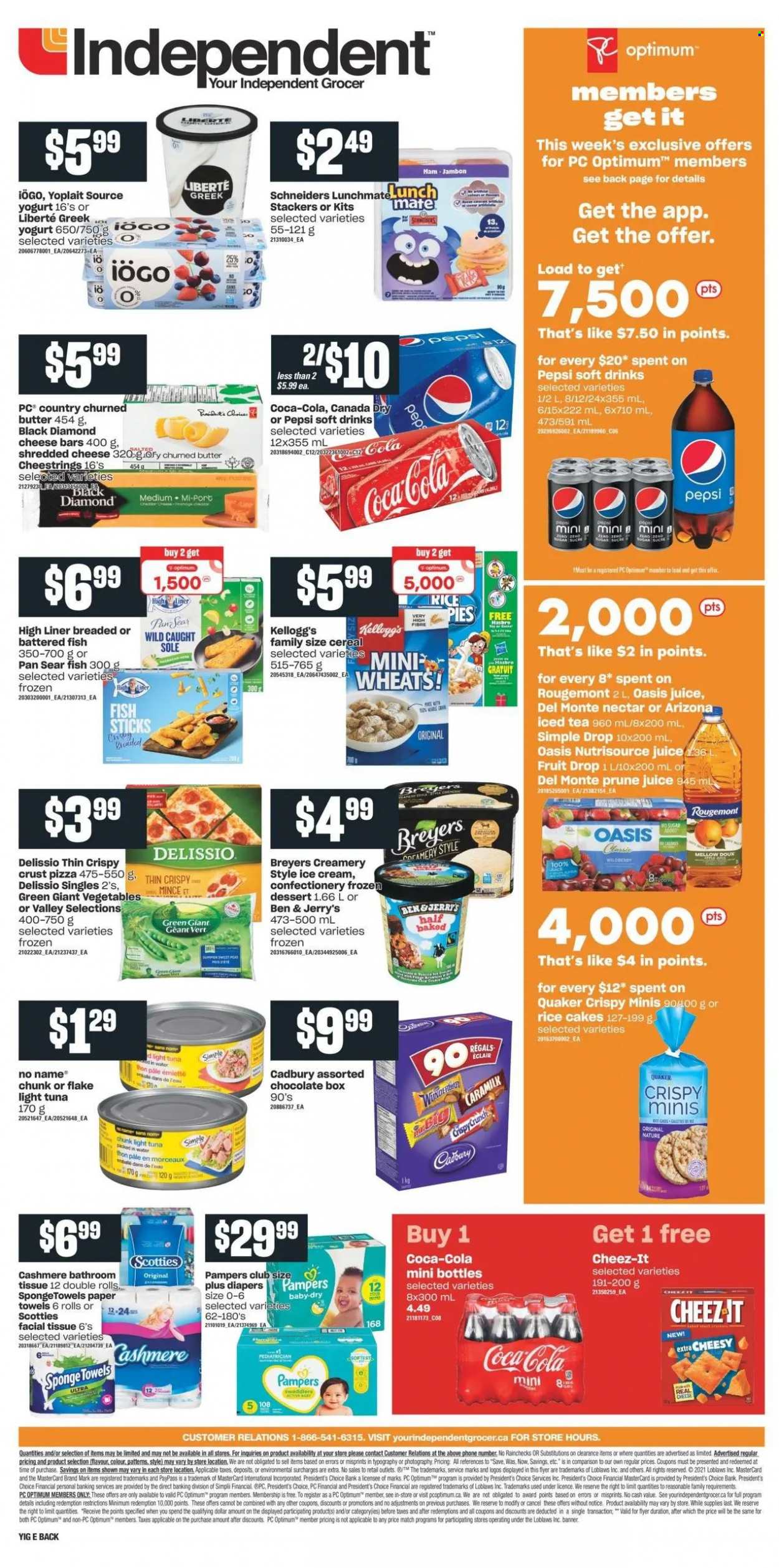 thumbnail - Independent Flyer - October 14, 2021 - October 20, 2021 - Sales products - peas, tuna, fish, fish fingers, No Name, fish sticks, pizza, Quaker, ham, shredded cheese, string cheese, Président, greek yoghurt, yoghurt, Yoplait, butter, ice cream, Ben & Jerry's, Kellogg's, Cadbury, Cheez-It, tuna in water, light tuna, cereals, Canada Dry, Coca-Cola, Pepsi, juice, ice tea, soft drink, AriZona, nappies, bath tissue, kitchen towels, paper towels, sponge, pan, Optimum, NutriSource, Pampers. Page 2.