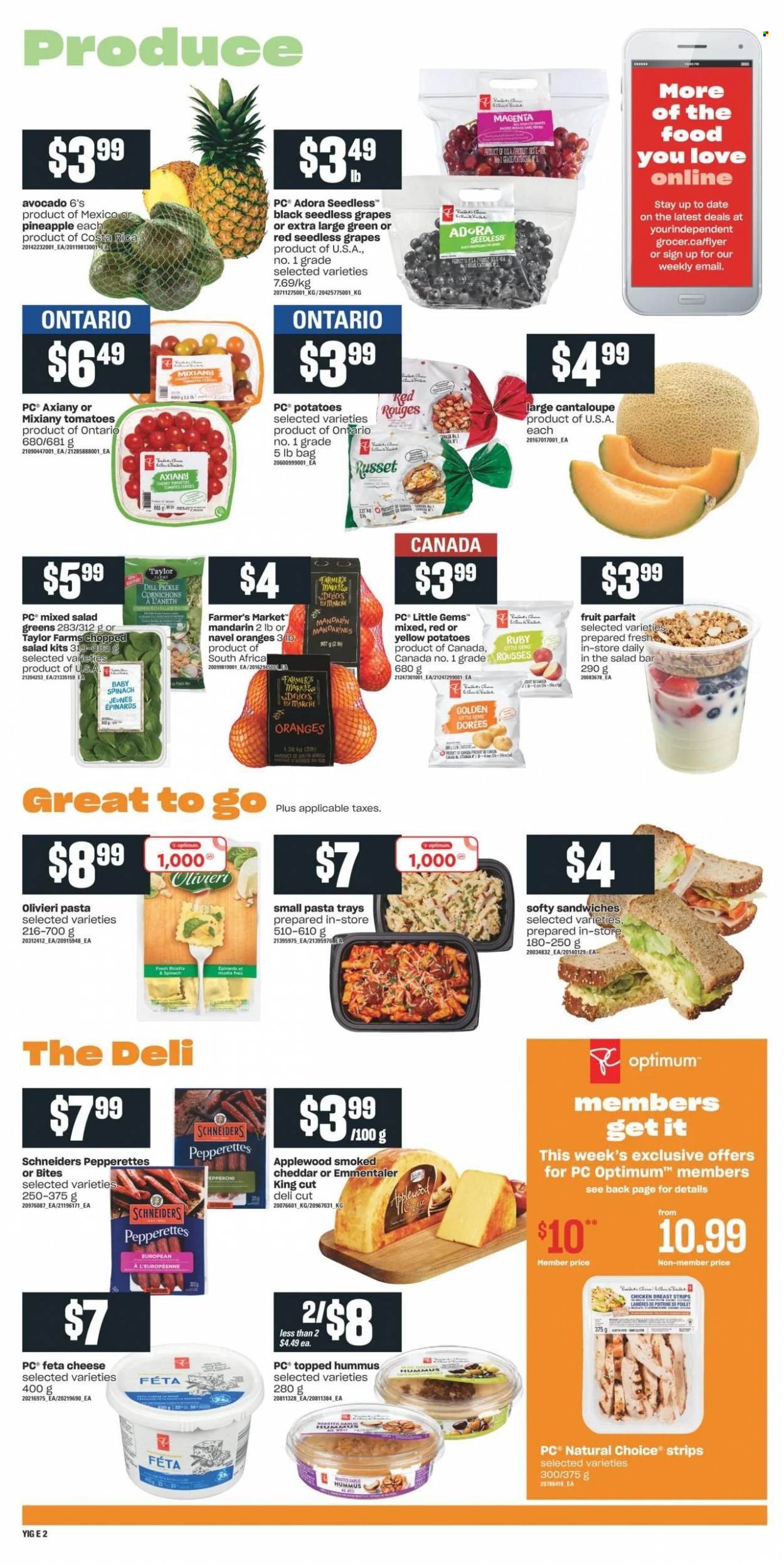 thumbnail - Independent Flyer - October 14, 2021 - October 20, 2021 - Sales products - cantaloupe, russet potatoes, spinach, tomatoes, potatoes, salad, chopped salad, avocado, grapes, mandarines, seedless grapes, navel oranges, sandwich, pasta, hummus, cheddar, cheese, feta, strips, dill pickle, dill, chicken, Rin, Optimum, ricotta, salad greens, oranges. Page 3.