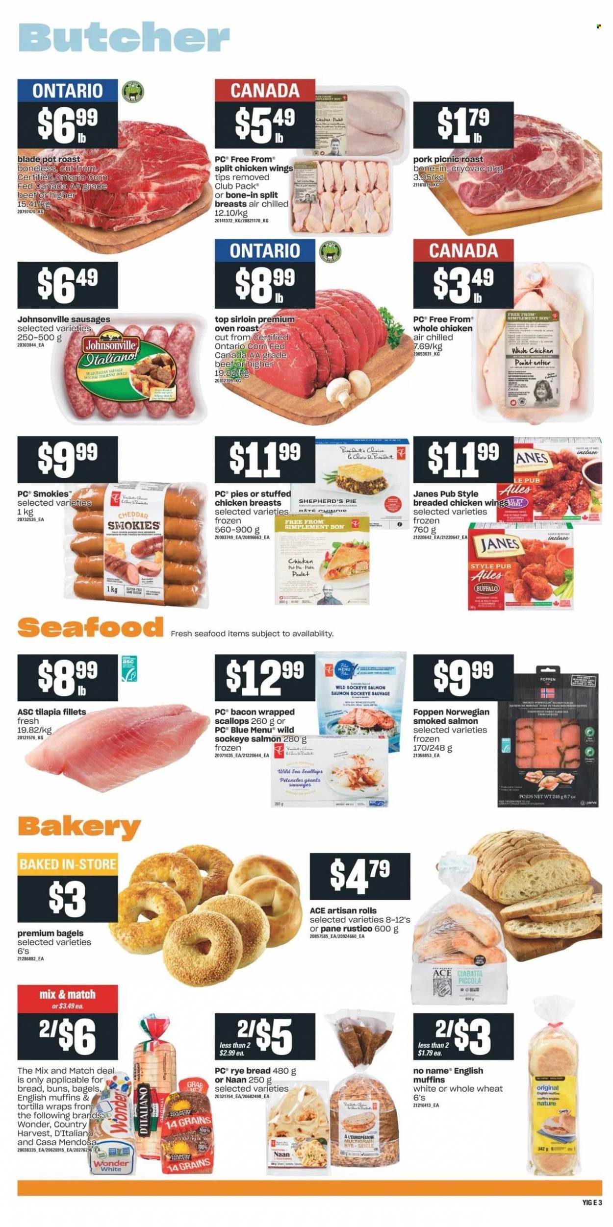 thumbnail - Independent Flyer - October 14, 2021 - October 20, 2021 - Sales products - bagels, english muffins, tortillas, pie, buns, wraps, bacon wrapped scallops, salmon, scallops, smoked salmon, tilapia, seafood, No Name, fried chicken, stuffed chicken, bacon, Johnsonville, sausage, cheddar, cheese, Country Harvest, whole chicken, chicken, pot, ciabatta. Page 6.