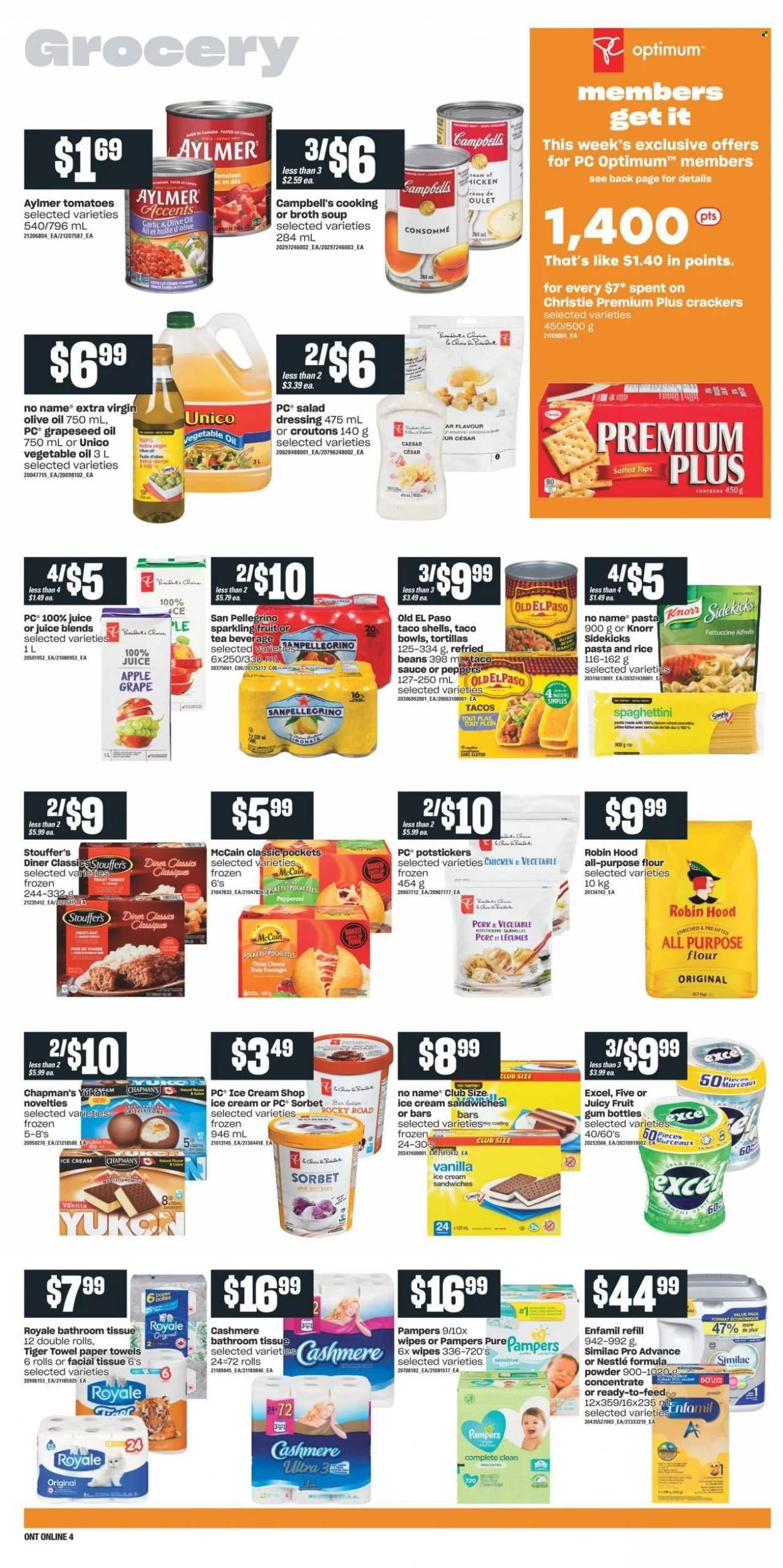 thumbnail - Independent Flyer - October 14, 2021 - October 20, 2021 - Sales products - tortillas, Old El Paso, tacos, beans, tomatoes, peppers, No Name, Campbell's, soup, pasta, pepperoni, ice cream, ice cream sandwich, Stouffer's, McCain, crackers, all purpose flour, croutons, broth, refried beans, rice, salad dressing, dressing, extra virgin olive oil, vegetable oil, olive oil, oil, grape seed oil, juice, San Pellegrino, tea, Enfamil, Similac, wipes, bath tissue, kitchen towels, paper towels, Optimum, Knorr, Nestlé, Pampers. Page 8.