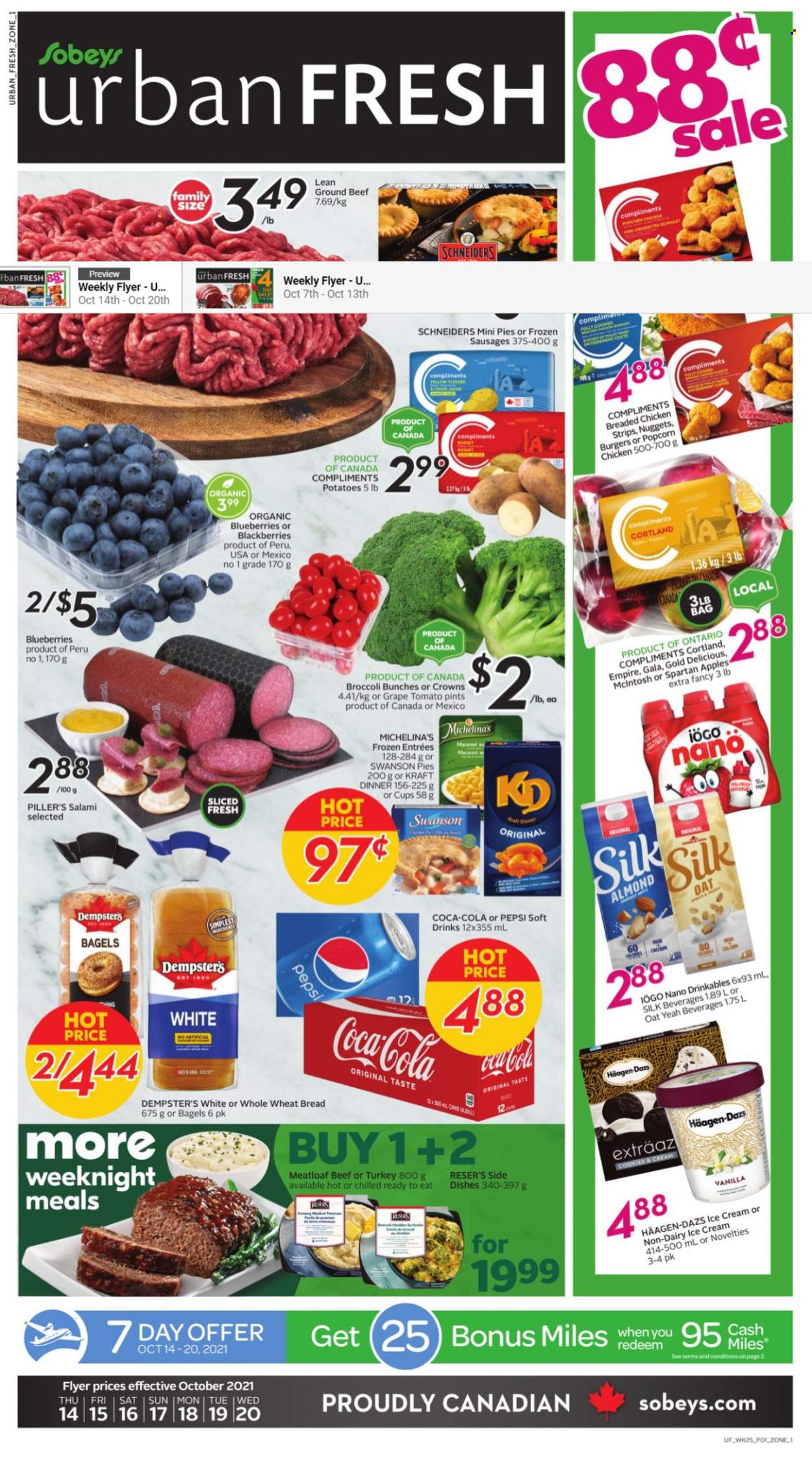 thumbnail - Sobeys Urban Fresh Flyer - October 14, 2021 - October 20, 2021 - Sales products - bagels, wheat bread, macaroons, broccoli, potatoes, apples, blackberries, blueberries, Gala, nuggets, hamburger, fried chicken, meatloaf, Kraft®, salami, sausage, Silk, ice cream, Häagen-Dazs, strips, chicken strips, cookies, popcorn, Coca-Cola, Pepsi, soft drink, beef meat, ground beef. Page 1.