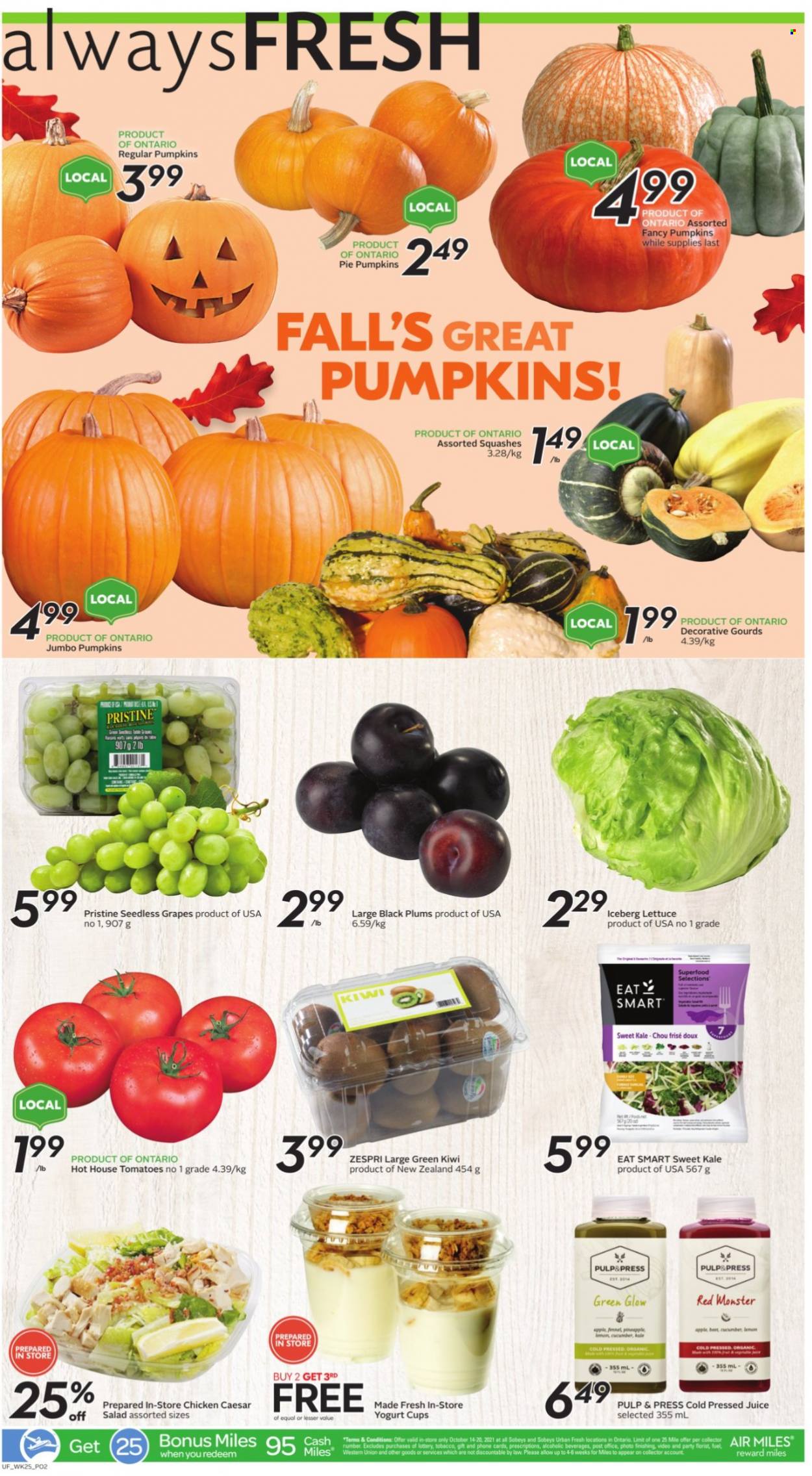thumbnail - Sobeys Urban Fresh Flyer - October 14, 2021 - October 20, 2021 - Sales products - pie, tomatoes, kale, pumpkin, lettuce, salad, grapes, seedless grapes, plums, black plums, yoghurt, juice, Monster, kiwi. Page 2.