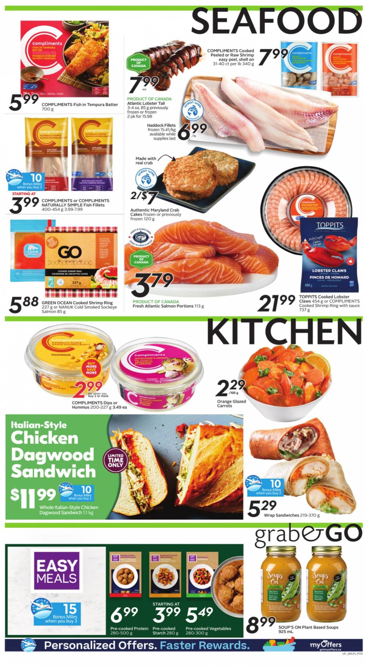 thumbnail - Sobeys Urban Fresh Flyer - October 14, 2021 - October 20, 2021 - Sales products - artichoke, carrots, fish fillets, lobster, salmon, haddock, pollock, seafood, fish, lobster tail, shrimps, crab cake, sandwich, soup, dagwood, hummus, starch, oranges. Page 5.