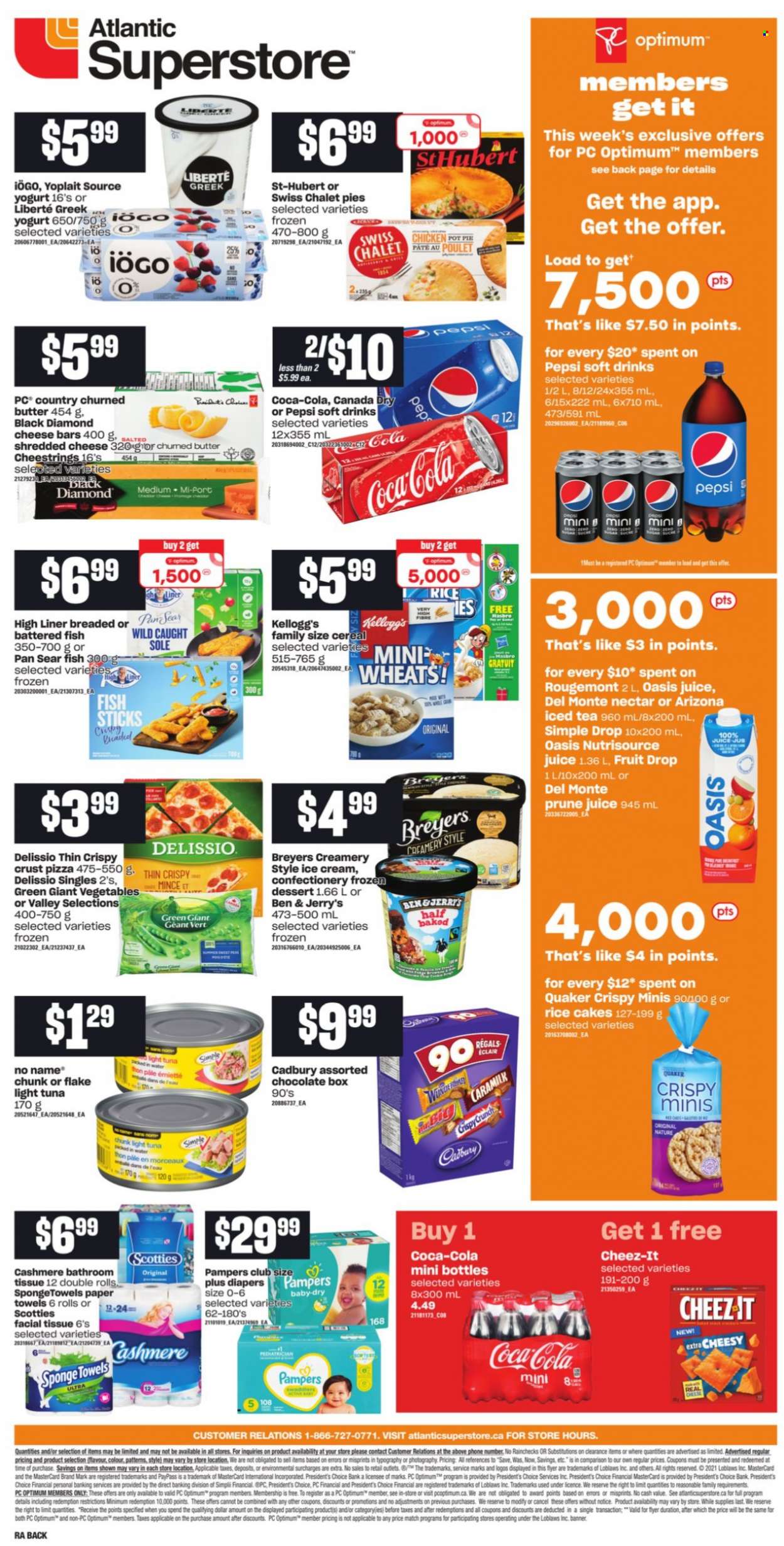 thumbnail - Atlantic Superstore Flyer - October 14, 2021 - October 20, 2021 - Sales products - pie, pot pie, tuna, fish, fish fingers, No Name, fish sticks, pizza, Quaker, shredded cheese, string cheese, Président, yoghurt, Yoplait, butter, ice cream, Ben & Jerry's, Kellogg's, Cadbury, Cheez-It, light tuna, cereals, Canada Dry, Coca-Cola, Pepsi, juice, ice tea, soft drink, AriZona, nappies, bath tissue, kitchen towels, paper towels, Optimum, NutriSource, pot, Pampers. Page 2.