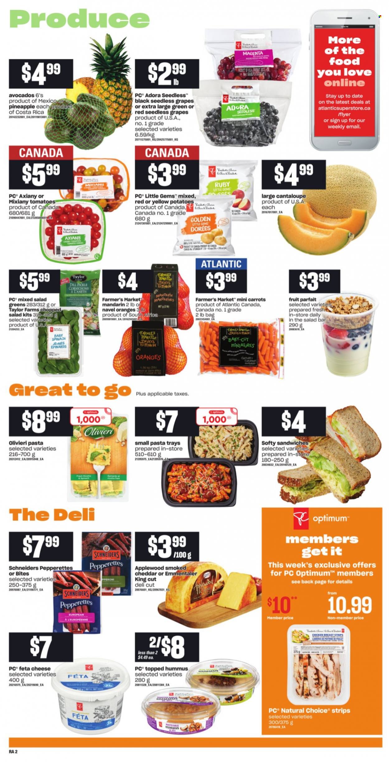 thumbnail - Atlantic Superstore Flyer - October 14, 2021 - October 20, 2021 - Sales products - cantaloupe, carrots, spinach, tomatoes, potatoes, salad, chopped salad, avocado, grapes, mandarines, seedless grapes, navel oranges, sandwich, pasta, hummus, cheddar, cheese, feta, strips, dill pickle, dill, chicken, Optimum, ricotta, salad greens, oranges. Page 3.