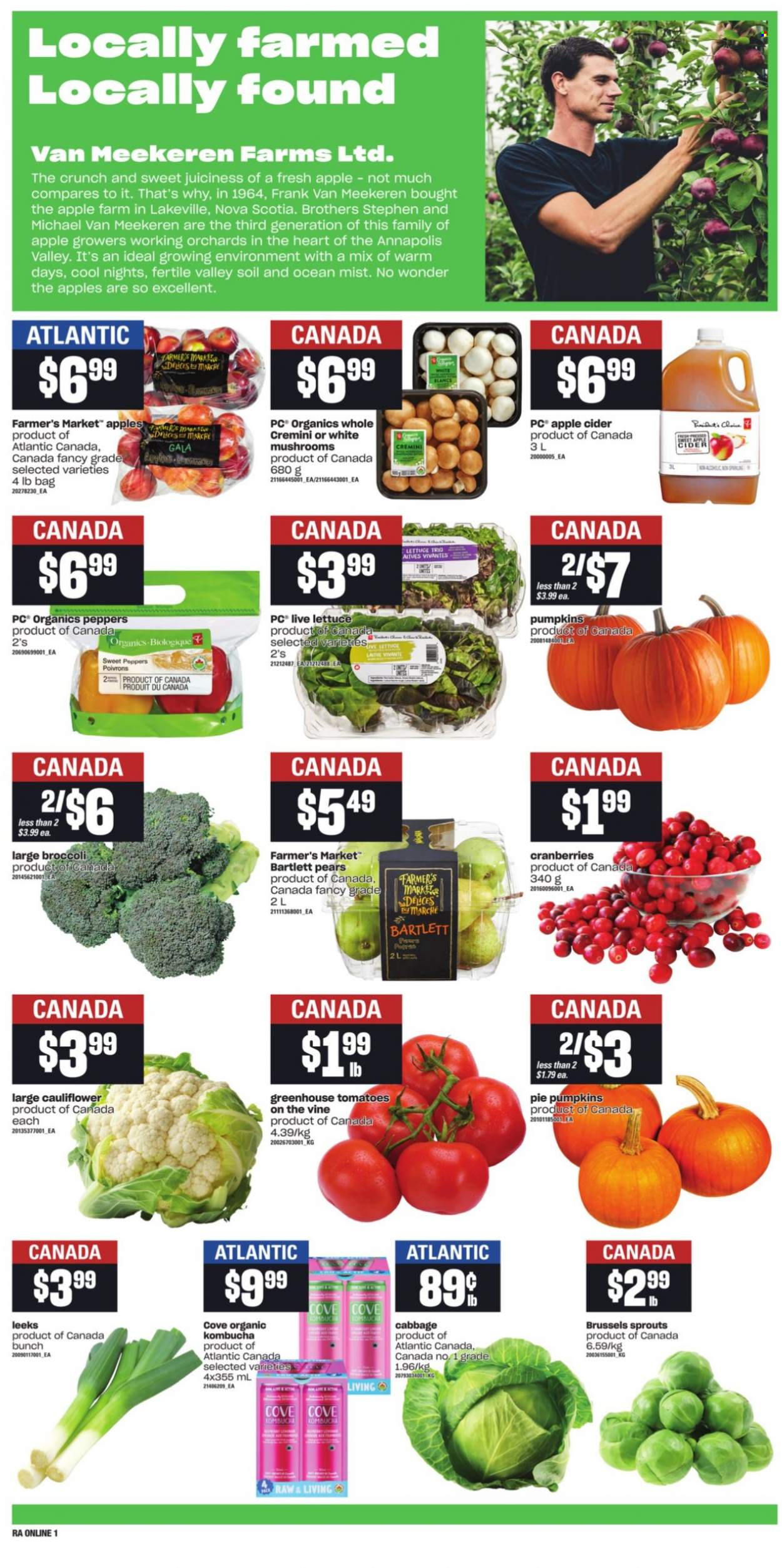 thumbnail - Atlantic Superstore Flyer - October 14, 2021 - October 20, 2021 - Sales products - pie, broccoli, cabbage, cauliflower, sweet peppers, tomatoes, pumpkin, lettuce, peppers, brussel sprouts, Bartlett pears, Gala, pears, cranberries, kombucha, apple cider, BROTHERS, cider. Page 4.