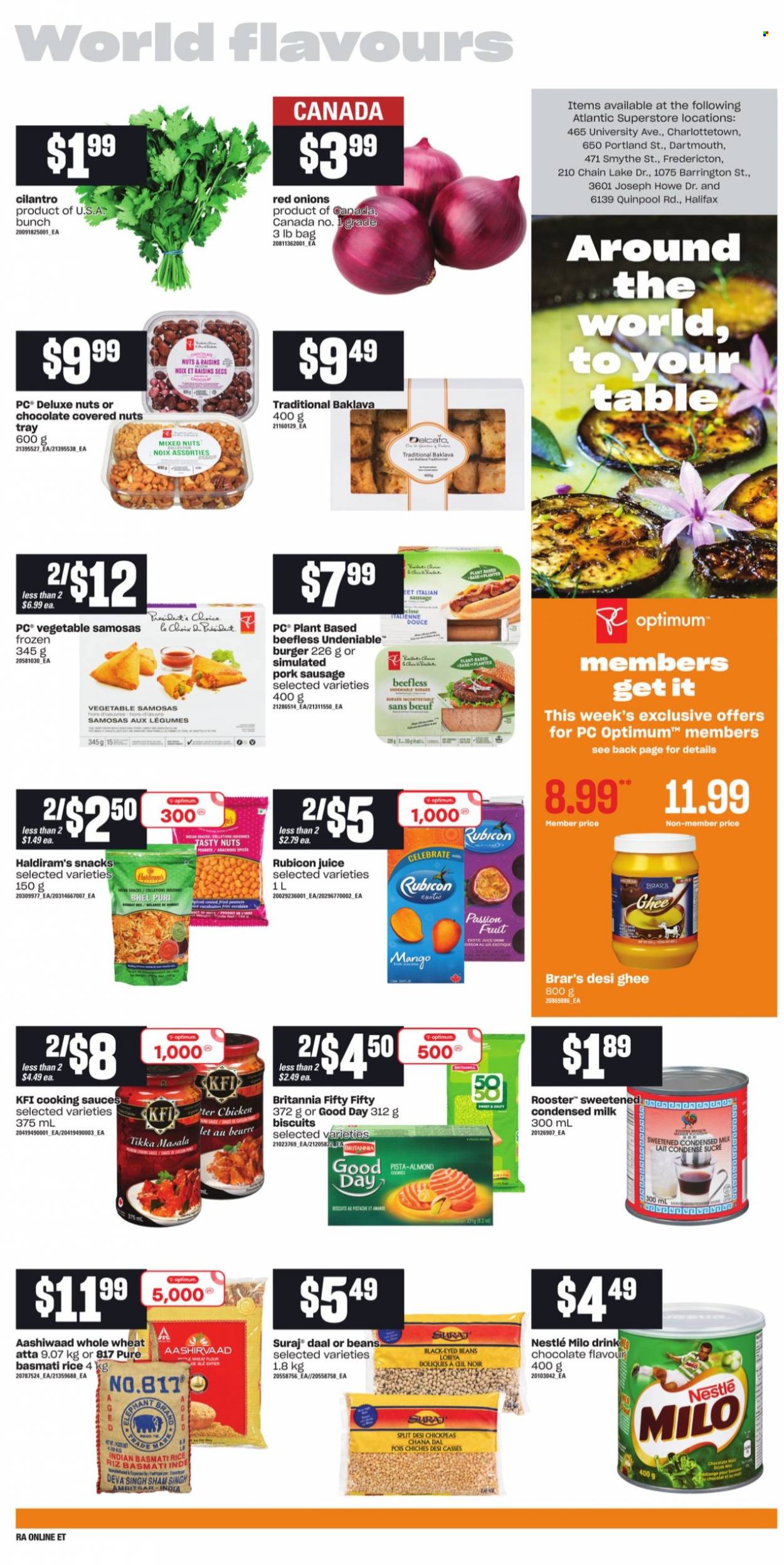 thumbnail - Atlantic Superstore Flyer - October 14, 2021 - October 20, 2021 - Sales products - Ace, beans, red onions, onion, hamburger, Tikka Masala, sausage, pork sausage, italian sausage, milk, condensed milk, Milo, ghee, snack, biscuit, flour, Aashirvaad, basmati rice, rice, chickpeas, chana dal, cilantro, peanuts, dried fruit, mixed nuts, juice, Optimum, Nestlé. Page 10.