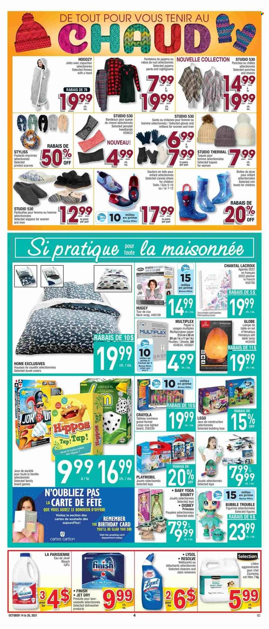 thumbnail - Jean Coutu Flyer - October 14, 2021 - October 20, 2021 - Sales products - Bounty, salt, pants, Disney, bleach, Lysol, Jet, gloves, crayons, paper, duvet, boots, shoes, slippers, rain boots, doll, toys, board game, princess, LEGO, Playmobil. Page 4.