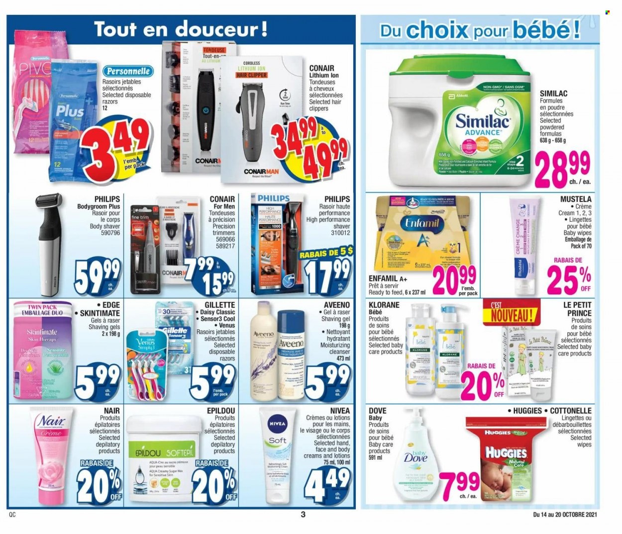 thumbnail - Jean Coutu Flyer - October 14, 2021 - October 20, 2021 - Sales products - Philips, sugar, tea, wipes, baby wipes, Aveeno, Cottonelle, cleanser, Klorane, Venus, shaver, disposable razor, hair clipper, Dove, Gillette, Huggies, Nivea. Page 3.