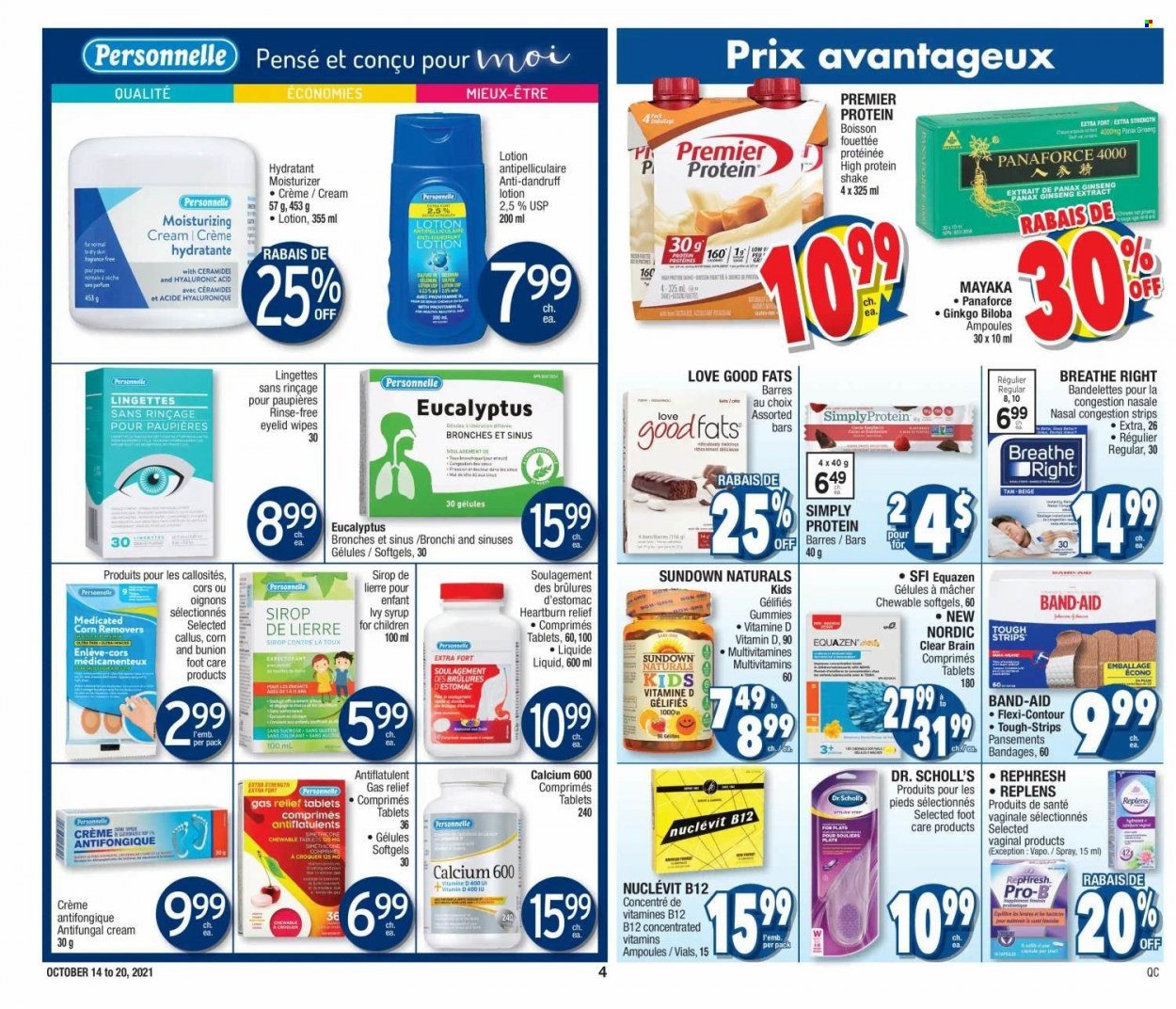 thumbnail - Jean Coutu Flyer - October 14, 2021 - October 20, 2021 - Sales products - corn, syrup, wipes, XTRA, moisturizer, body lotion, foot care, contour, Dr. Scholl's, multivitamin, Sundown Naturals, ginseng, band-aid, calcium. Page 4.