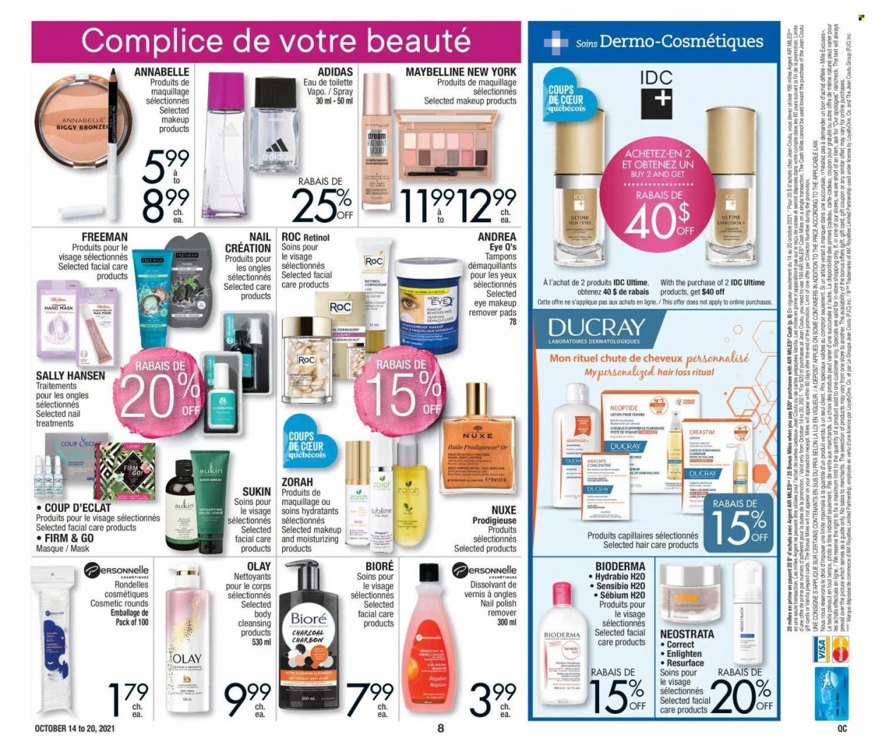 thumbnail - Jean Coutu Flyer - October 14, 2021 - October 20, 2021 - Sales products - tampons, Olay, Bioré®, Sukin, body lotion, Eclat, polish, makeup remover, Go!, Adidas, eau de toilette, Maybelline, Sally Hansen. Page 8.