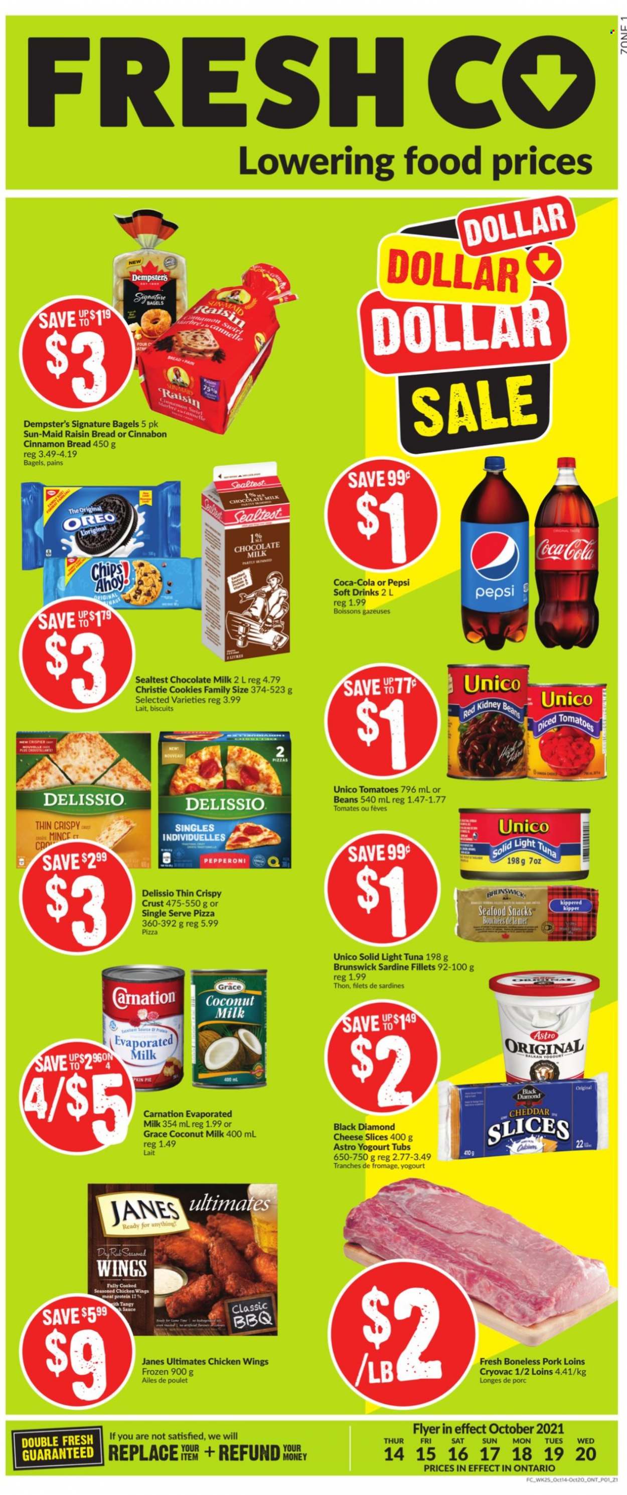 thumbnail - FreshCo. Flyer - October 14, 2021 - October 20, 2021 - Sales products - bagels, bread, pie, beans, sardines, tuna, seafood, pizza, sauce, pepperoni, sliced cheese, evaporated milk, chicken wings, cookies, milk chocolate, chocolate, snack, biscuit, coconut milk, light tuna, cinnamon, Coca-Cola, Pepsi, soft drink, Oreo. Page 1.