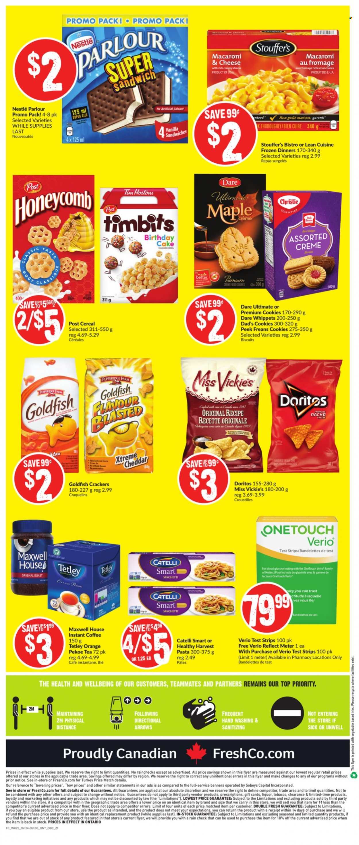 thumbnail - FreshCo. Flyer - October 14, 2021 - October 20, 2021 - Sales products - cake, macaroni & cheese, spaghetti, sandwich, pasta, Lean Cuisine, Harvest Pasta, Stouffer's, cookies, crackers, biscuit, Doritos, Goldfish, cereals, oil, Maxwell House, tea, instant coffee, Nestlé, oranges. Page 6.