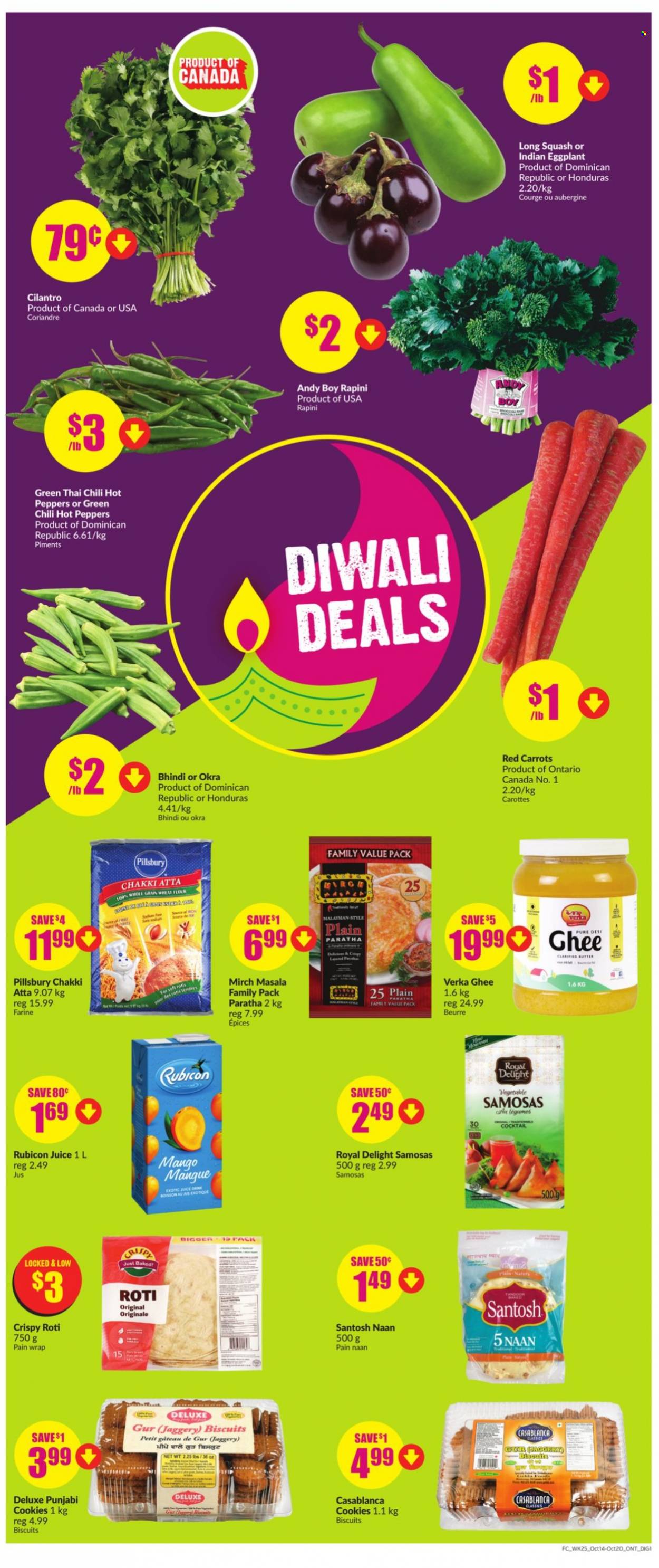 thumbnail - FreshCo. Flyer - October 14, 2021 - October 20, 2021 - Sales products - carrots, okra, peppers, eggplant, Pillsbury, ghee, cookies, biscuit, flour, wheat flour, cilantro, juice. Page 7.