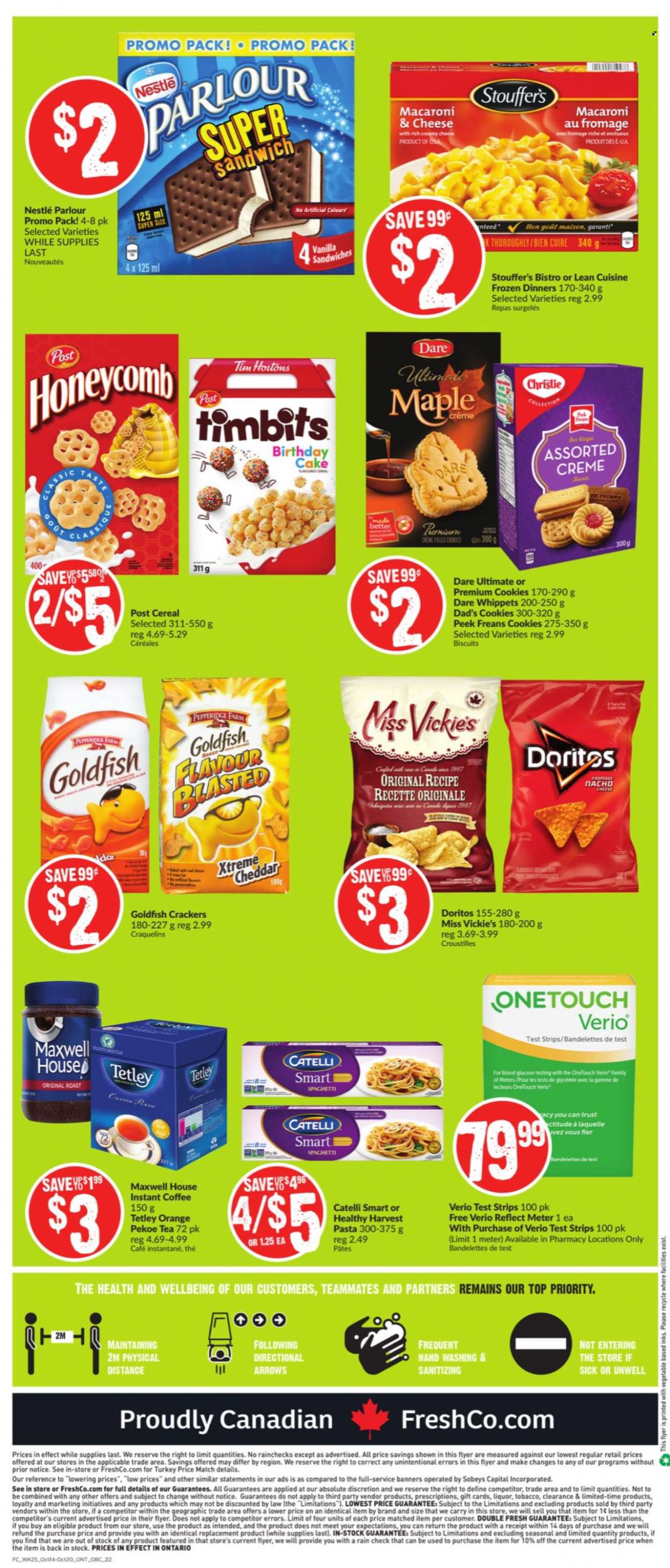 thumbnail - Chalo! FreshCo. Flyer - October 14, 2021 - October 20, 2021 - Sales products - cake, spaghetti, sandwich, macaroni, pasta, Lean Cuisine, Harvest Pasta, Stouffer's, cookies, crackers, biscuit, Doritos, Goldfish, cereals, Maxwell House, tea, instant coffee, Nestlé, oranges. Page 5.