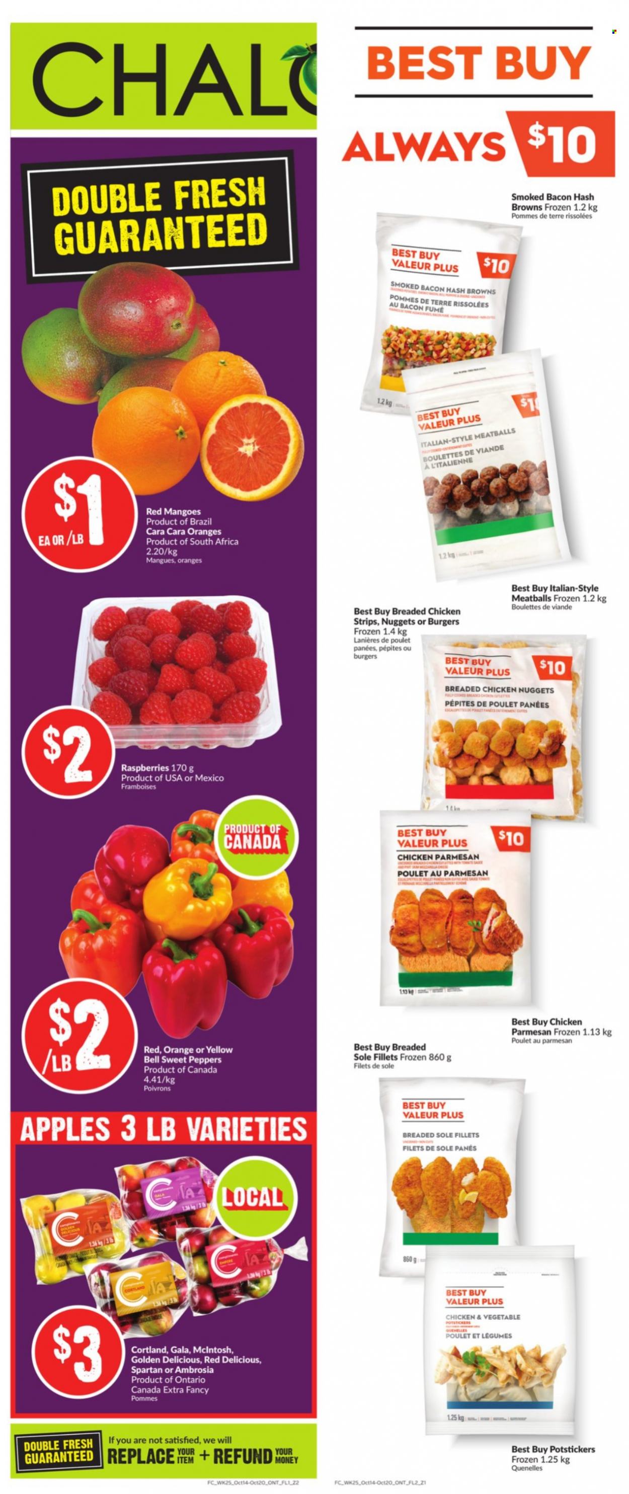thumbnail - Chalo! FreshCo. Flyer - October 14, 2021 - October 20, 2021 - Sales products - sweet peppers, peppers, apples, Gala, mango, Red Delicious apples, Golden Delicious, meatballs, nuggets, fried chicken, chicken nuggets, bacon, strips, chicken strips, hash browns, oranges. Page 8.