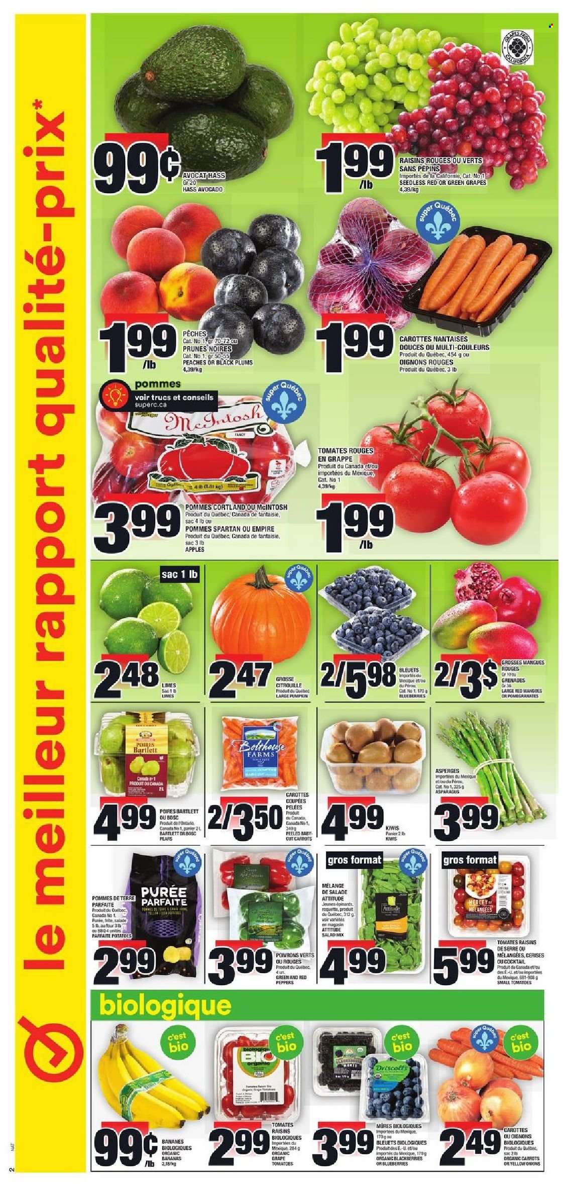 thumbnail - Circulaire Super C - 14 Octobre 2021 - 20 Octobre 2021 - Produits soldés - tomates, asperge, citrouille, oignons, poivrons, pommes de terre, avocat, bananes, mûres, poire, kiwi, cerises, raisins, sac. Page 3.