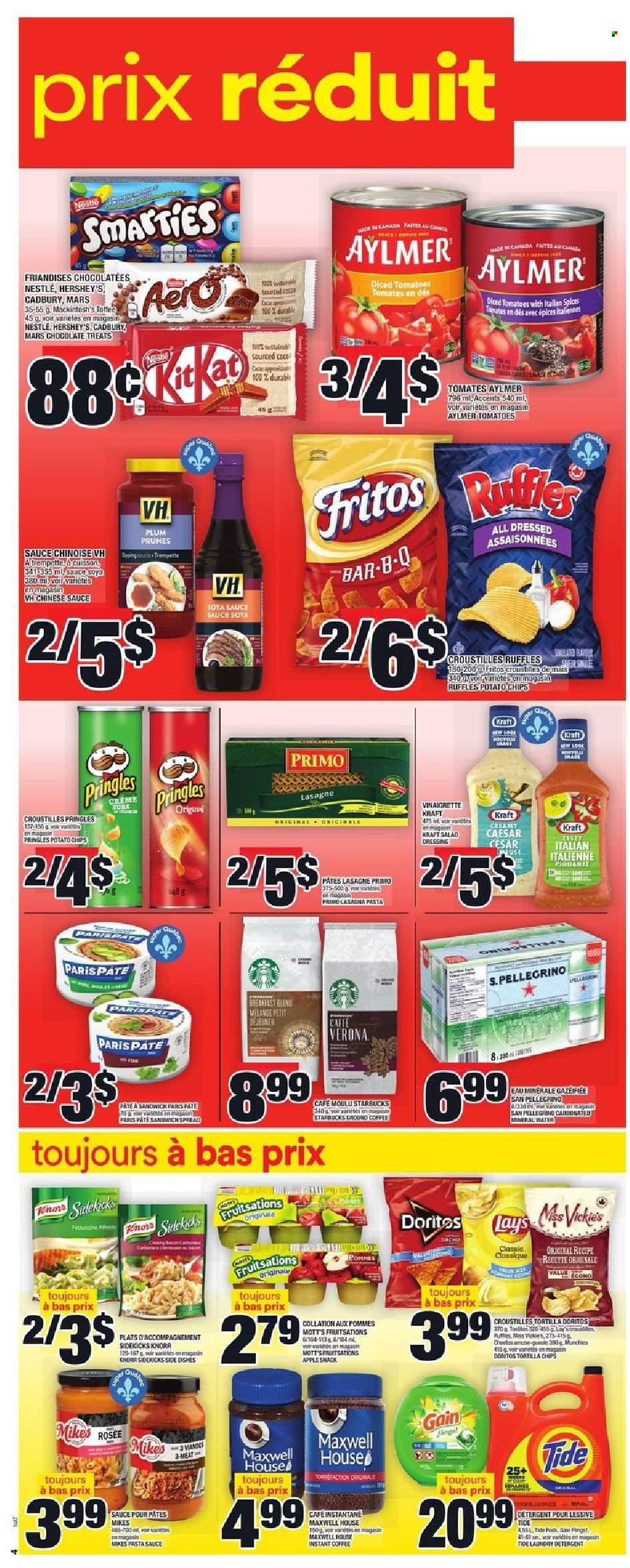thumbnail - Super C Flyer - October 14, 2021 - October 20, 2021 - Sales products - tomatoes, Mott's, pasta sauce, sauce, lasagna meal, Kraft®, Hershey's, chocolate, Mars, Cadbury, Doritos, Fritos, tortilla chips, potato chips, Pringles, Cheetos, Lay’s, Ruffles, salad dressing, soy sauce, vinaigrette dressing, dressing, prunes, dried fruit, mineral water, San Pellegrino, Maxwell House, instant coffee, Starbucks, Gain, Tide, Sure, Knorr, Nestlé, detergent, chips. Page 5.