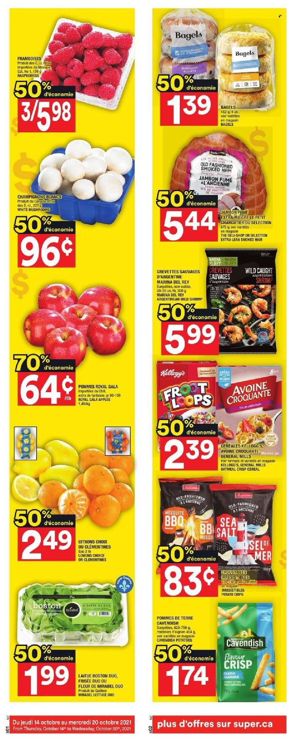 thumbnail - Super C Flyer - October 14, 2021 - October 20, 2021 - Sales products - mushrooms, bagels, lettuce, apples, clementines, Gala, lemons, shrimps, ham, smoked ham, Kellogg's, potato chips, oatmeal, cereals, chips. Page 11.
