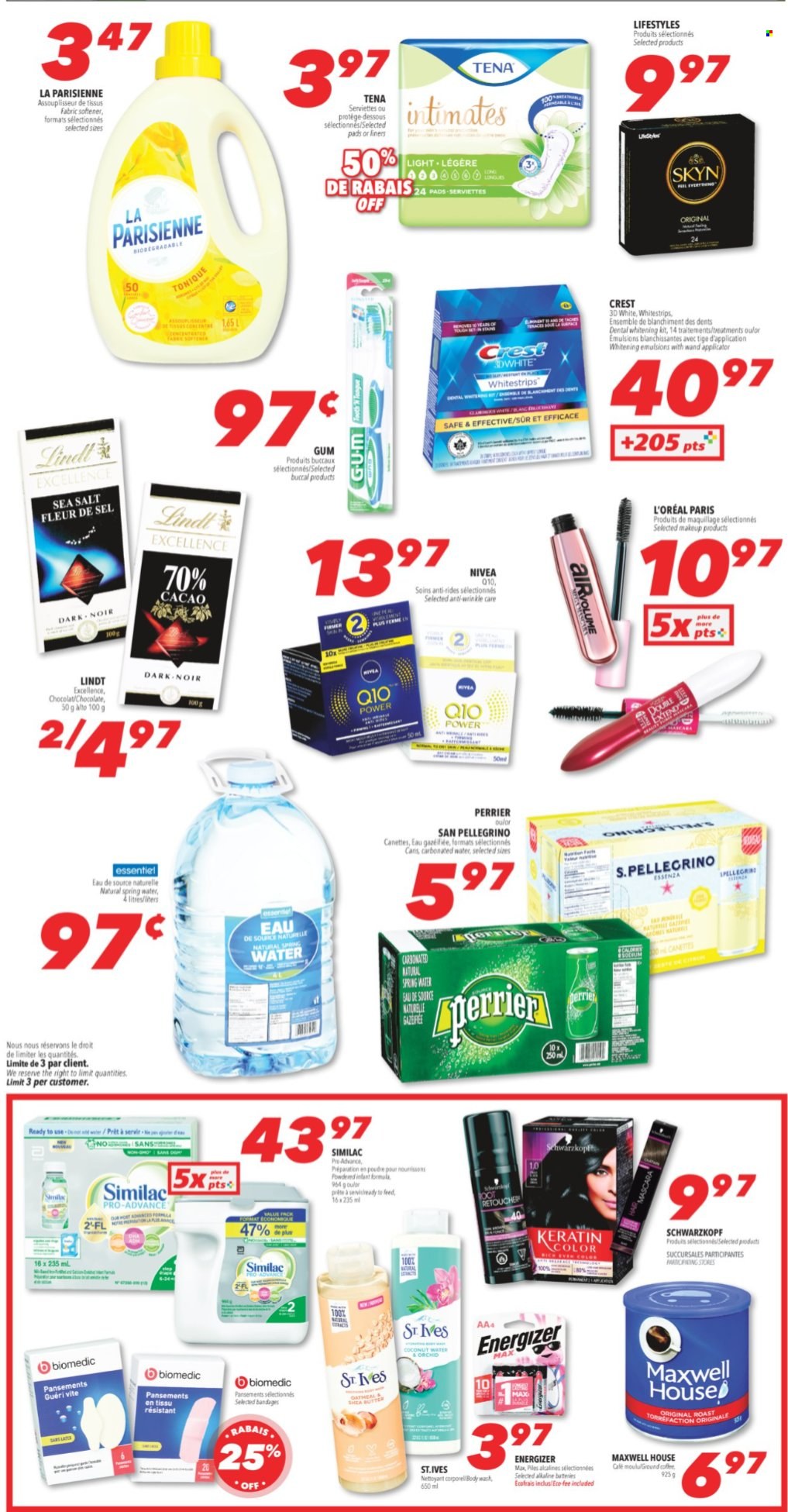 thumbnail - Familiprix Flyer - October 14, 2021 - October 20, 2021 - Sales products - chocolate, sea salt, Perrier, spring water, San Pellegrino, Maxwell House, coffee, fabric softener, body wash, Crest, sanitary pads, L’Oréal, keratin, makeup, Energizer, Nivea, Schwarzkopf, Lindt. Page 3.