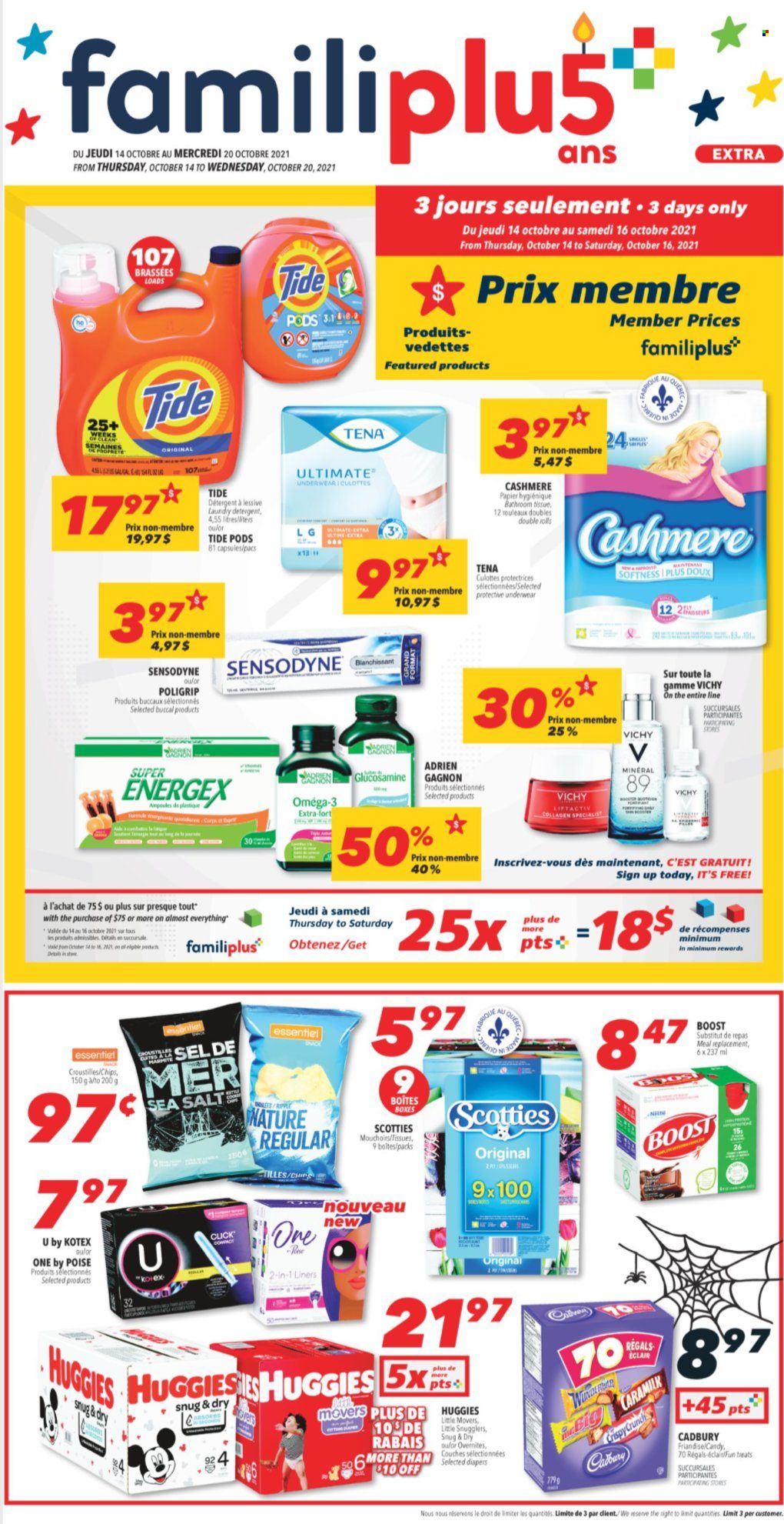 thumbnail - Familiprix Extra Flyer - October 14, 2021 - October 20, 2021 - Sales products - Cadbury, Boost, nappies, bath tissue, Tide, laundry detergent, Vichy, Kotex, glucosamine, Omega-3, detergent, Huggies, chips, Sensodyne. Page 1.
