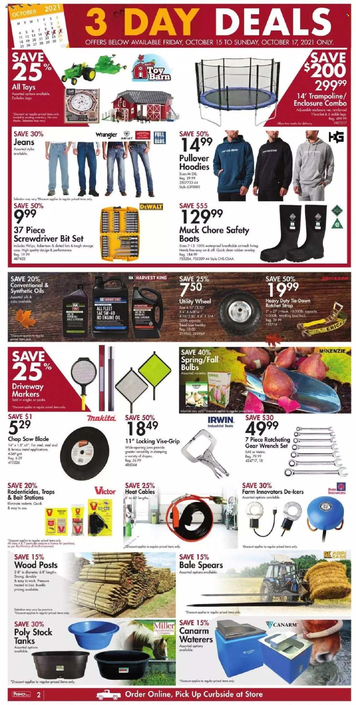 thumbnail - Peavey Mart Flyer - October 15, 2021 - October 21, 2021 - Sales products - eraser, bulb, Philips, hoodie, tank, Victor, pullover, boots, DeWALT, saw, screwdriver bits, wrench set, ratchet strap, strap, motor oil, jeans. Page 2.