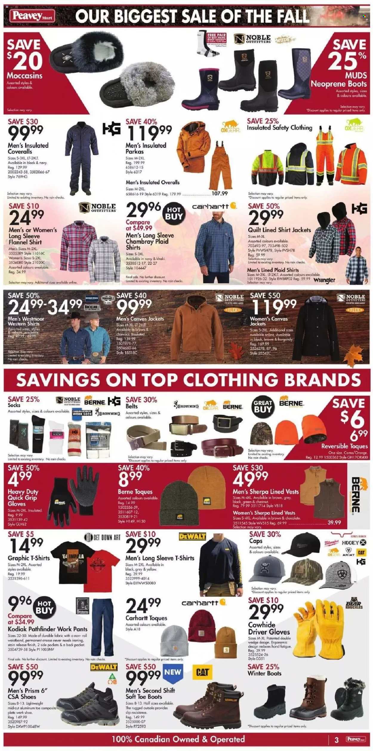 thumbnail - Peavey Mart Flyer - October 15, 2021 - October 21, 2021 - Sales products - gloves, plate, canvas, quilt, jacket, pants, flannel shirt, t-shirt, sherpa, socks, boots, DeWALT, shoes, winter boots, work gloves, parka. Page 3.
