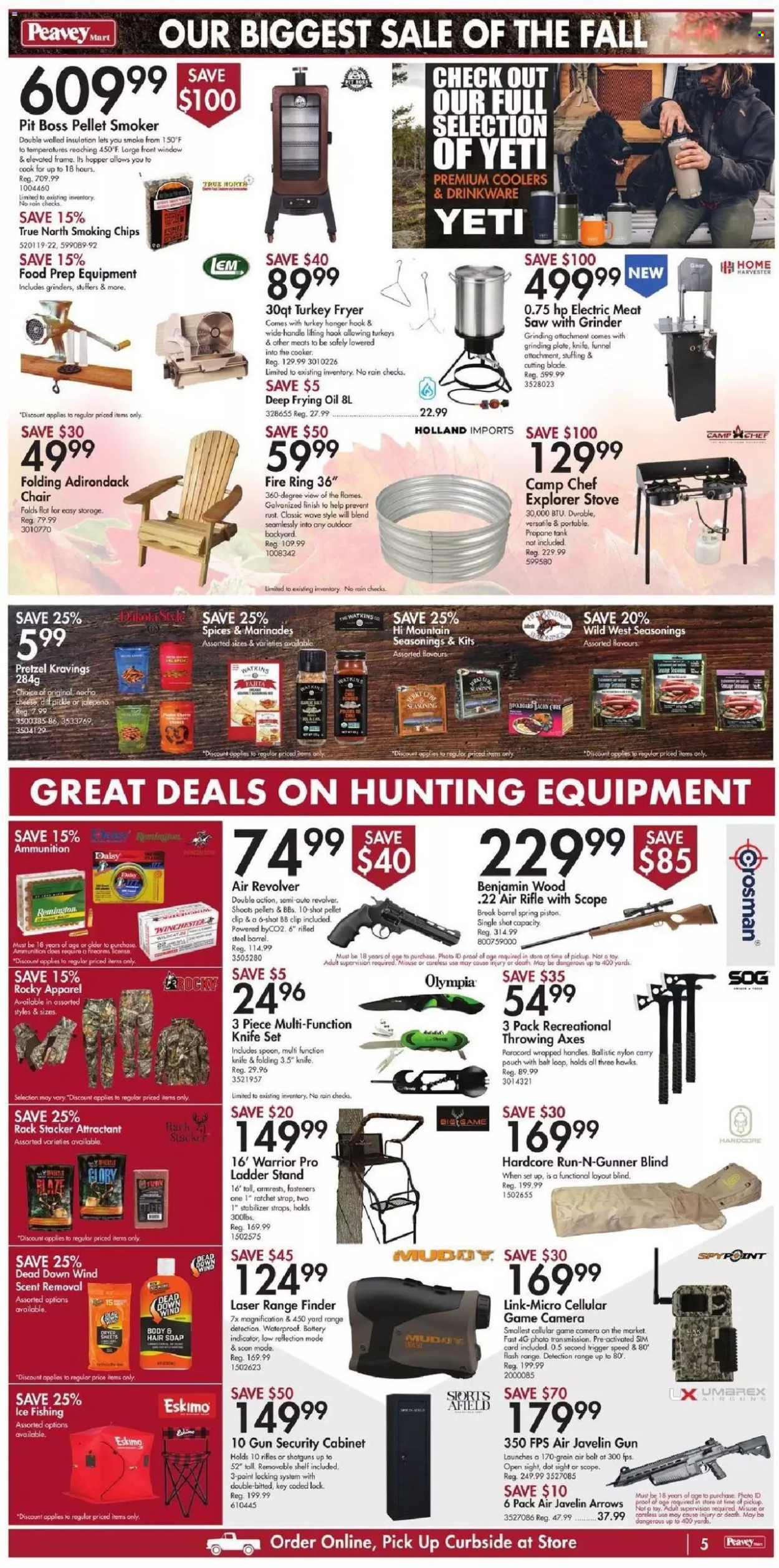 thumbnail - Peavey Mart Flyer - October 15, 2021 - October 21, 2021 - Sales products - hanger, drinkware, knife, spoon, turkey fryer, plate, tank, ladder, ladder stand, stove, saw, cabinet, ratchet strap, security cabinet, propane tank, smoker, strap. Page 5.