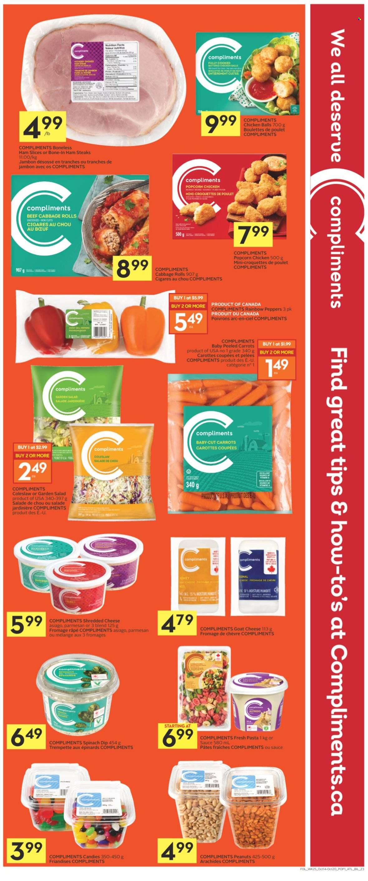 thumbnail - Co-op Flyer - October 14, 2021 - October 20, 2021 - Sales products - cabbage, carrots, spinach, salad, peppers, coleslaw, ham, ham steaks, asiago, goat cheese, shredded cheese, parmesan, dip, spinach dip, potato croquettes, popcorn, peanuts, steak. Page 3.