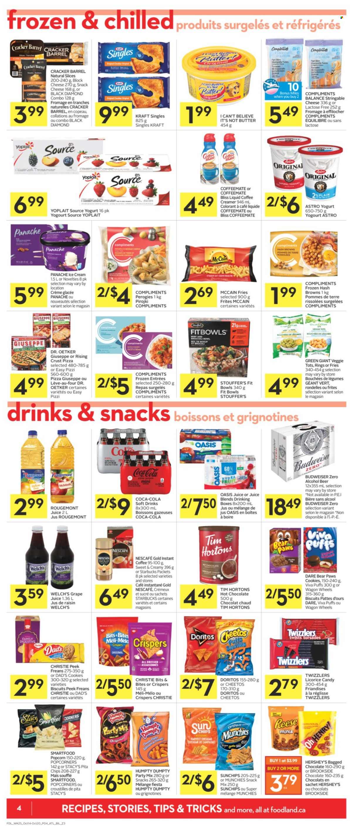 thumbnail - Co-op Flyer - October 14, 2021 - October 20, 2021 - Sales products - puffs, Welch's, pizza, Kraft®, sandwich slices, Dr. Oetker, Kraft Singles, yoghurt, Yoplait, butter, I Can't Believe It's Not Butter, creamer, ice cream, Hershey's, Stouffer's, McCain, hash browns, potato fries, cookies, crackers, biscuit, Digestive, Doritos, Cheetos, Smartfood, popcorn, pita chips, Coca-Cola, juice, soft drink, hot chocolate, instant coffee, L'Or, Starbucks, alcohol, beer, Budweiser, Nescafé. Page 6.