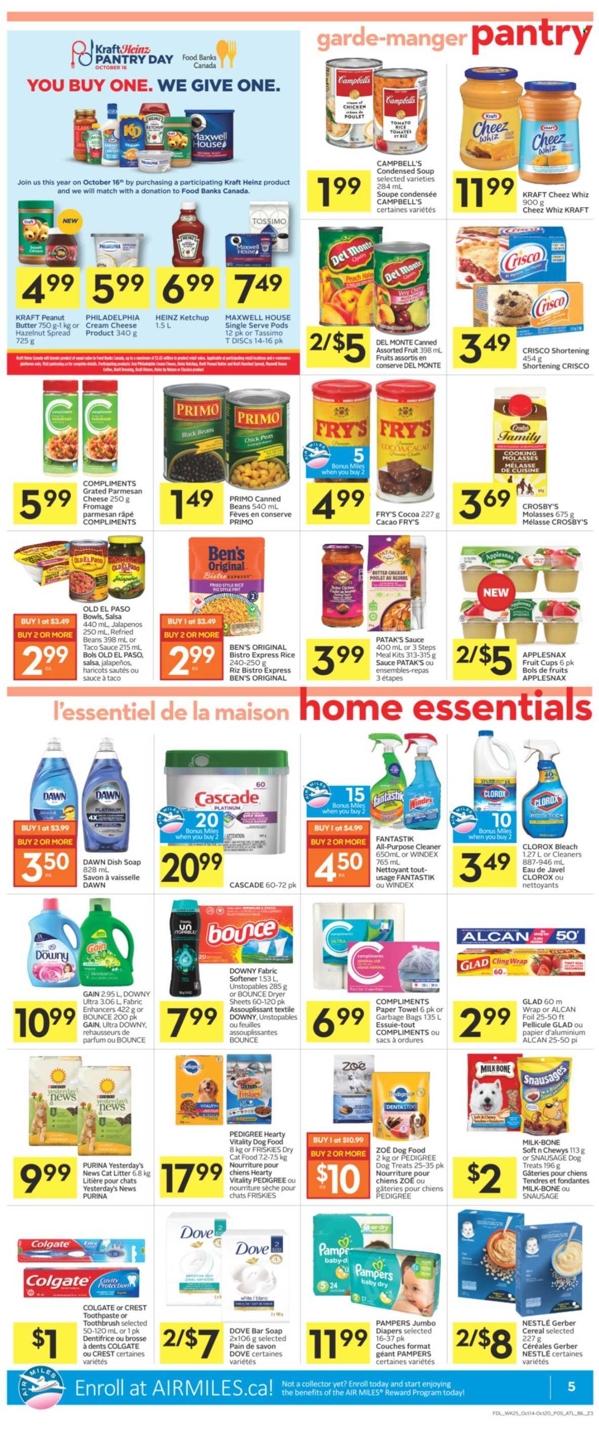 thumbnail - Co-op Flyer - October 14, 2021 - October 20, 2021 - Sales products - Old El Paso, beans, peas, fruit cup, Campbell's, condensed soup, soup, sauce, instant soup, Kraft®, parmesan, cheese, milk, butter, Gerber, cocoa, Crisco, shortening, black beans, refried beans, Heinz, cereals, rice, taco sauce, salsa, molasses, hazelnut spread, Maxwell House, Nestlé, Dove, Colgate, ketchup, Philadelphia, Pampers. Page 7.