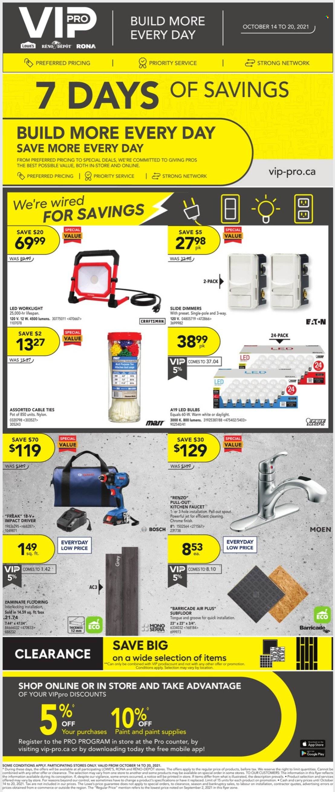 thumbnail - RONA Flyer - October 14, 2021 - October 20, 2021 - Sales products - pot, bulb, LED bulb, faucet, paint, flooring, impact driver, Craftsman. Page 1.