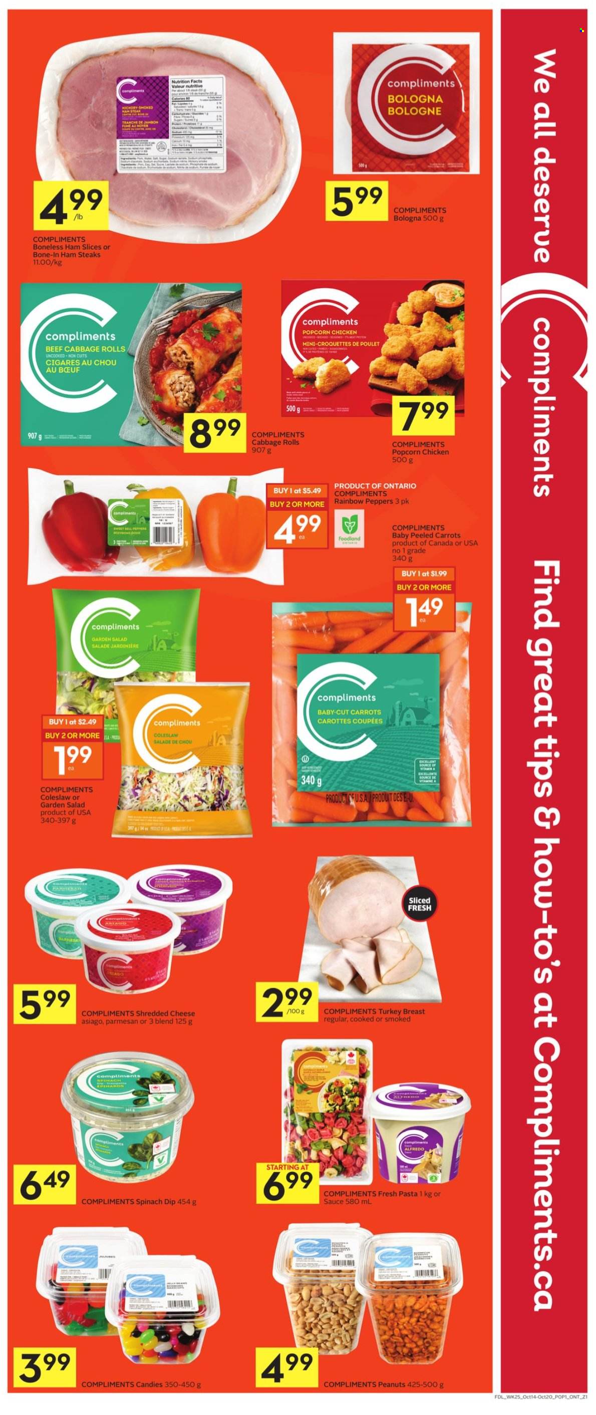 thumbnail - Foodland Flyer - October 14, 2021 - October 20, 2021 - Sales products - cabbage, carrots, spinach, salad, peppers, coleslaw, ham, bologna sausage, ham steaks, asiago, shredded cheese, parmesan, dip, spinach dip, potato croquettes, popcorn, peanuts, turkey breast, turkey, steak. Page 3.