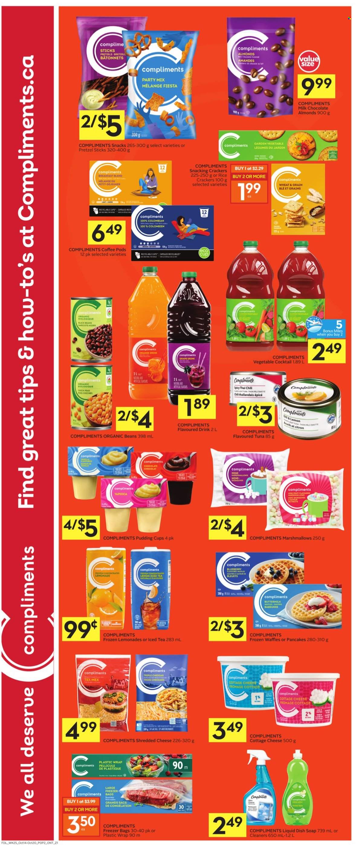 thumbnail - Foodland Flyer - October 14, 2021 - October 20, 2021 - Sales products - pretzels, waffles, tuna, cottage cheese, shredded cheese, cheddar, pudding, buttermilk, marshmallows, milk chocolate, chocolate, snack, crackers, black beans, rice, ice tea, coffee pods, breakfast blend, oranges. Page 4.