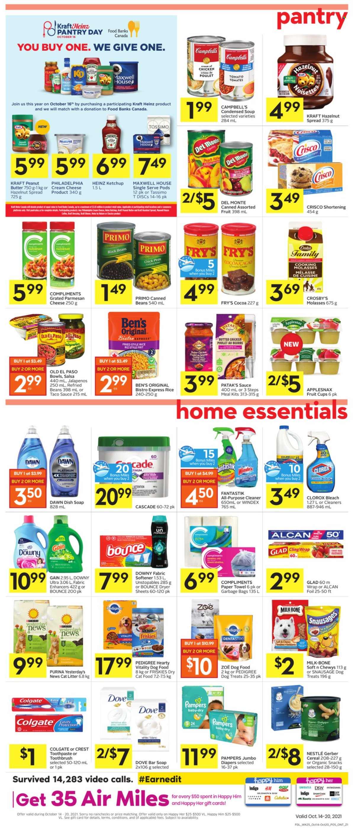 thumbnail - Foodland Flyer - October 14, 2021 - October 20, 2021 - Sales products - Old El Paso, beans, peas, cherries, fruit cup, Campbell's, condensed soup, soup, sauce, instant soup, Kraft®, ham, parmesan, cheese, milk, snack, Gerber, cocoa, Crisco, shortening, black beans, refried beans, Heinz, cereals, rice, taco sauce, salsa, molasses, peanut butter, hazelnut spread, Maxwell House, Nestlé, Dove, Colgate, ketchup, Philadelphia, Pampers. Page 7.