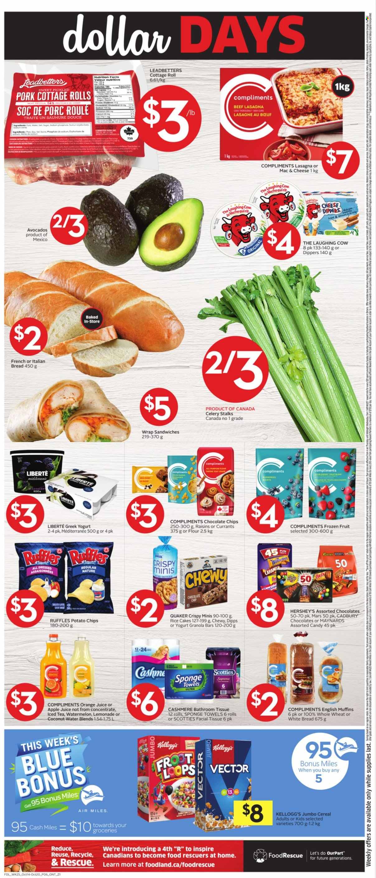 thumbnail - Foodland Flyer - October 14, 2021 - October 20, 2021 - Sales products - bread, english muffins, cake, wraps, rice cakes, celery, sleeved celery, avocado, sandwich, Quaker, lasagna meal, ready meal, pickled pork, cheese, The Laughing Cow, greek yoghurt, yoghurt, snack bar, Hershey's, frozen fruit, Mars, Kellogg's, Cadbury, Candy, sweets, bars, potato chips, Ruffles, rice crisps, flour, granola bar, currants, apple juice, lemonade, orange juice, juice, ice tea, coconut water, bath tissue, kitchen towels, paper towels, facial tissues. Page 8.