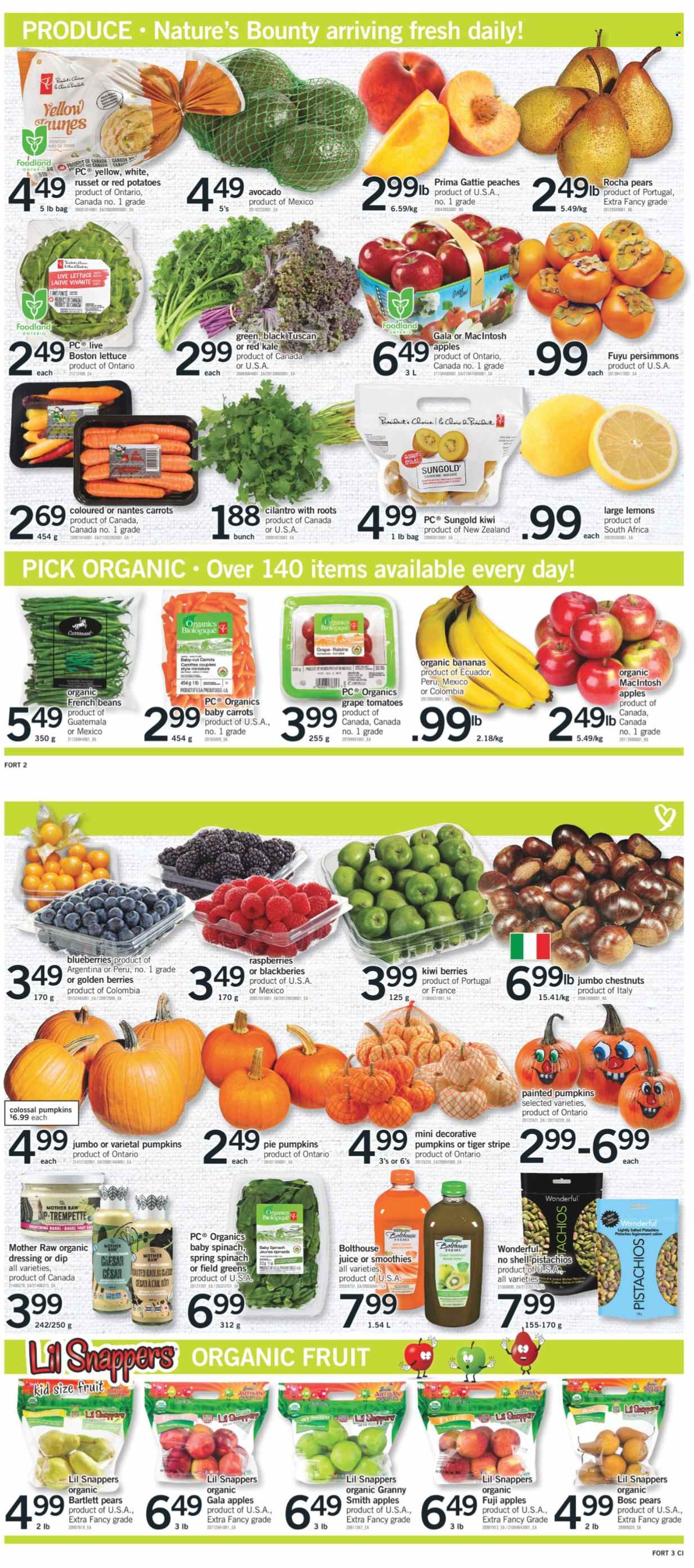 thumbnail - Fortinos Flyer - October 14, 2021 - October 20, 2021 - Sales products - bagels, pie, beans, carrots, french beans, russet potatoes, tomatoes, kale, potatoes, pumpkin, lettuce, red potatoes, apples, avocado, bananas, Bartlett pears, Gala, pears, persimmons, Fuji apple, organic bananas, lemons, peaches, Granny Smith, dip, cilantro, dressing, chestnuts, dried fruit, pistachios, juice, Shell, Nature's Bounty, kiwi, raisins. Page 2.