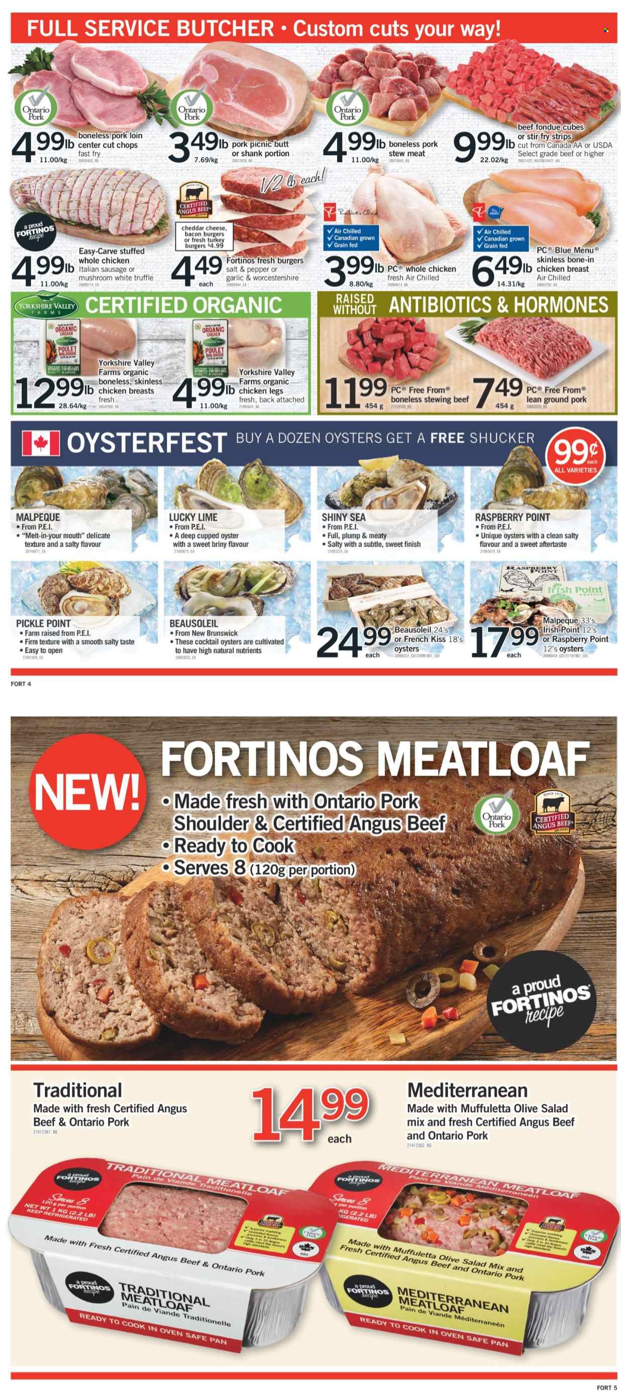 thumbnail - Fortinos Flyer - October 14, 2021 - October 20, 2021 - Sales products - stew meat, oysters, hamburger, meatloaf, bacon, sausage, italian sausage, cheddar, cheese, strips, truffles, worcestershire sauce, whole chicken, chicken breasts, chicken legs, stir fry strips, chicken, beef meat, stewing beef, ground pork, turkey burger, pork loin, pork meat, pork shoulder, pan, oven. Page 3.