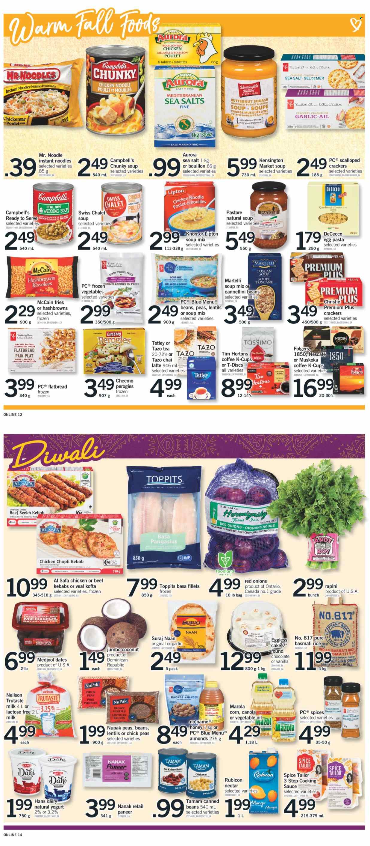 thumbnail - Fortinos Flyer - October 14, 2021 - October 20, 2021 - Sales products - cake, flatbread, butternut squash, corn, garlic, red onions, coconut, pangasius, No Name, Campbell's, soup mix, soup, pasta, instant noodles, sauce, noodles, bacon, paneer, yoghurt, milk, frozen vegetables, McCain, hash browns, potato fries, chocolate, crackers, bouillon, cannellini beans, lentils, kidney beans, basmati rice, rice, chickpeas, spice, curry powder, oil, honey, almonds, dried dates, tea, coffee, Folgers, coffee capsules, K-Cups, charcoal, Knorr, Lipton, Nescafé. Page 7.
