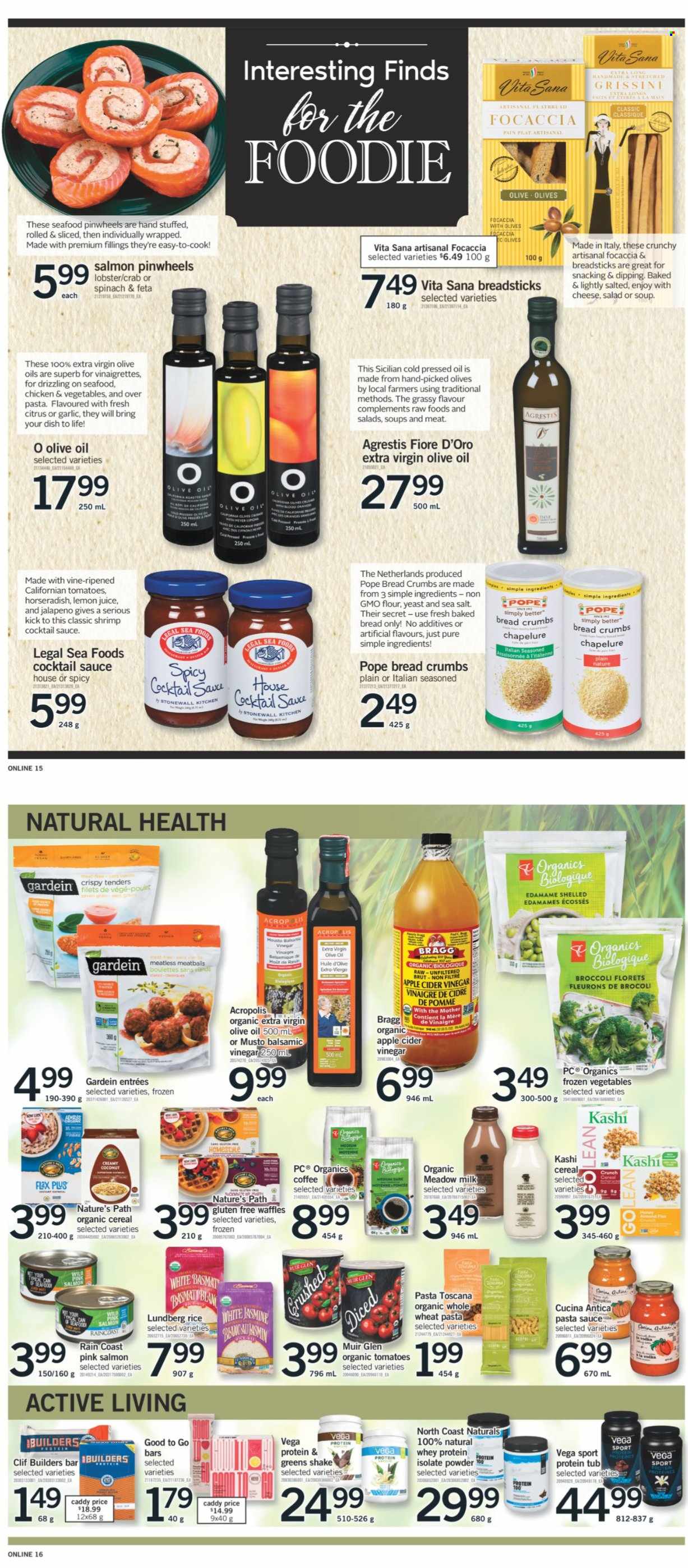 thumbnail - Fortinos Flyer - October 14, 2021 - October 20, 2021 - Sales products - waffles, garlic, horseradish, jalapeño, coconut, lobster, salmon, seafood, crab, shrimps, pasta sauce, meatballs, soup, cheese, milk, shake, yeast, frozen vegetables, bread sticks, grissini, flour, cereals, cocktail sauce, apple cider vinegar, balsamic vinegar, extra virgin olive oil, vinegar, olive oil, oil, lemon juice, coffee, Brut, tires, whey protein, olives. Page 8.